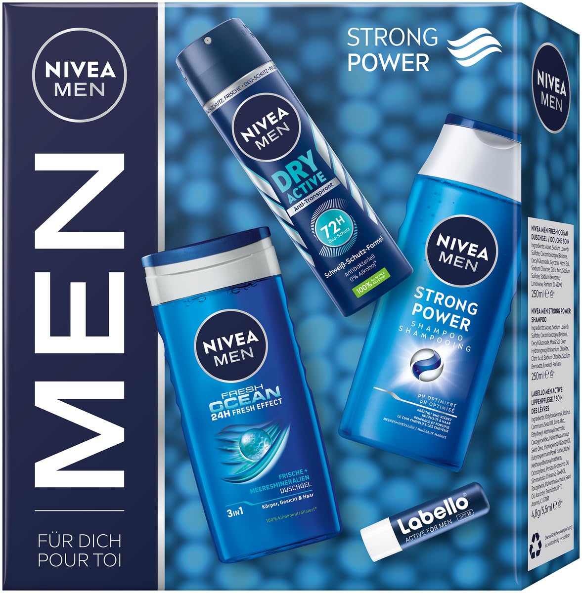 NIVEA MEN Strong Power Geschenkset, Pflegeset mit erfrischenden Pflegeprodukten, Geschenkbox mit Fresh Ocean Duschgel, Dry Active Deo Spray, Strong Power Shampoo und Labello Men Active Lippenpflege