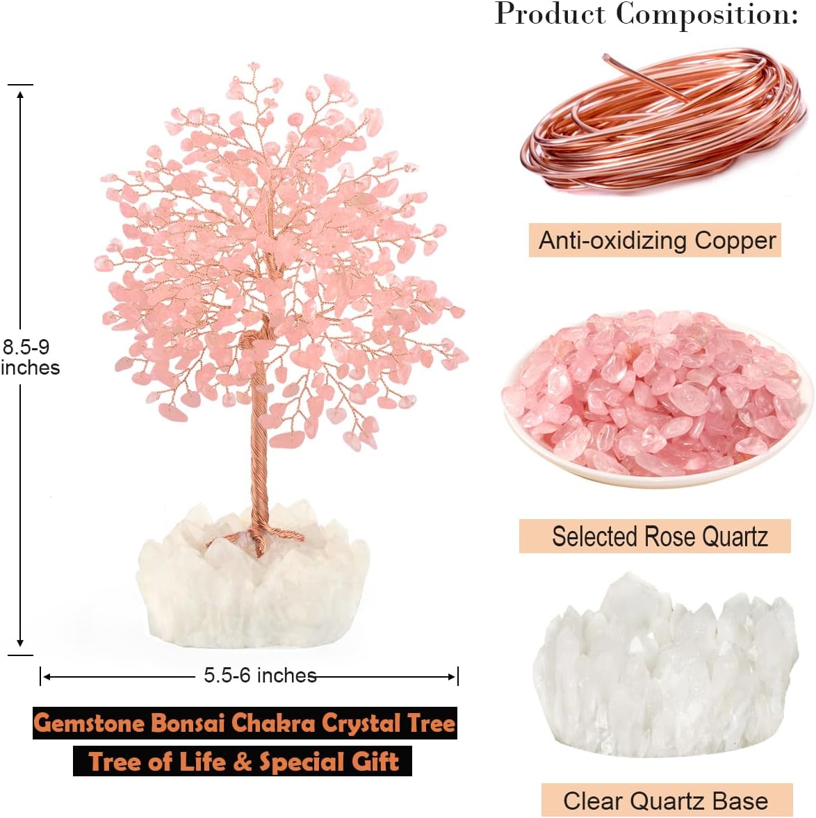 Gemstone Crystal Tree of Life,Natural Rose Quartz (406 Stones) with Clear Quartz Base,Chakra Balancing Positive Energy Feng Shui Home Decor Bonsai Money Tree,Birthday Gift 8.5"-9" - Image 3