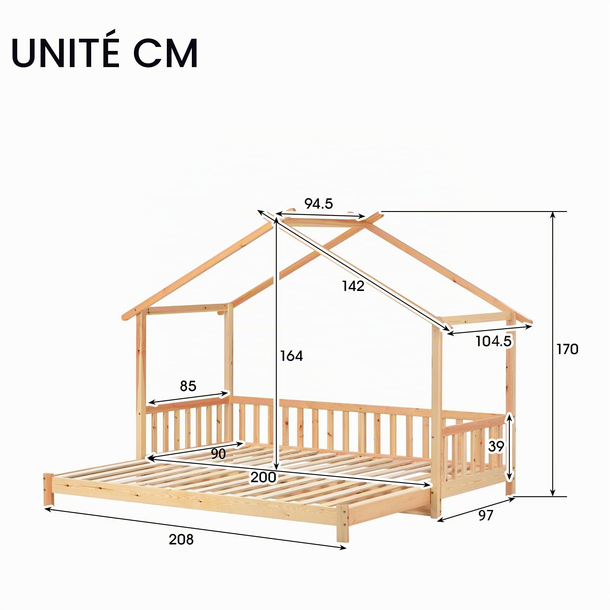 Merax Lit pour enfant 200x180cm, Lit fonctionnel avec barrière antichute et sommier à lattes, Lit de jour extensible en lit double, Lit en forme de cabane en bois pour filles et garçons, Couleur
