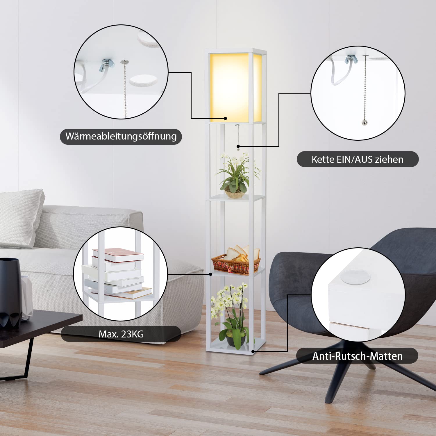 Fullwatt Stehlampe mit Holzregal Innenbeleuchtung Holz Stehleuchte mit Regalen für Schlafzimmer und Wohnzimmer weiß