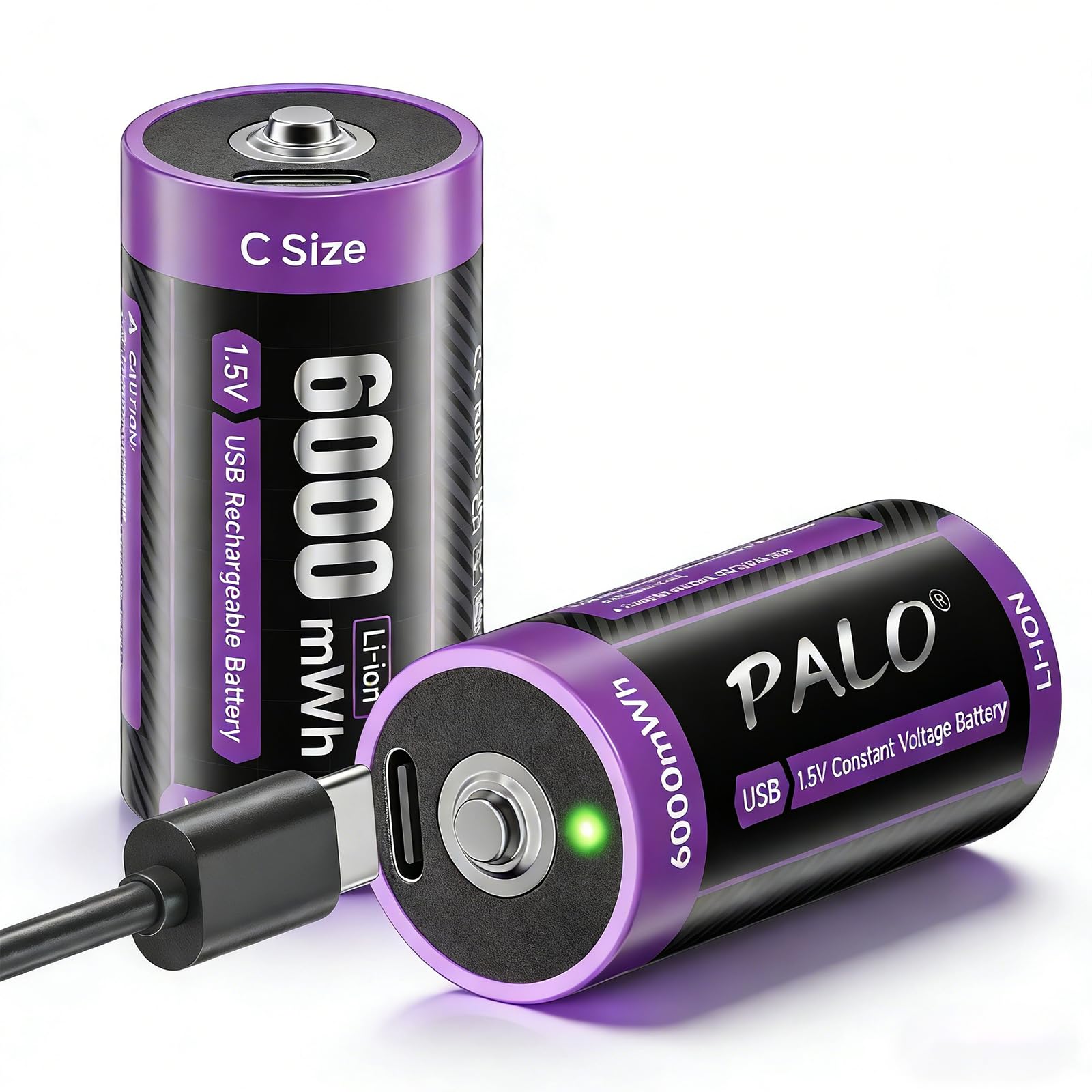 Mspalocell Rechargeable C Lithium Batteries 2 Pack, 1.5V Li-ion 6000 mWh C Cell Batteries with 2 in 1 Type-C Charging Cable for Household and Office