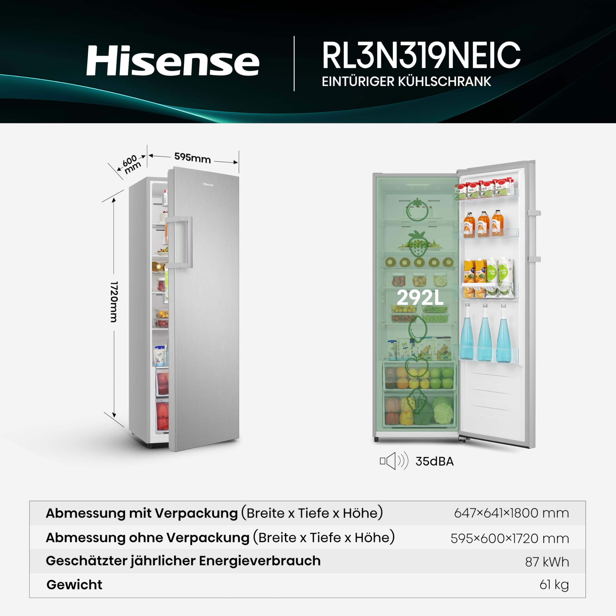 Hisense RL3N319NEIC Kühlschrank/ 172cm hoch/ 322 Liter/Inverter Kompressor/Flaschenhalter/Easy-open Griff/Superkühlen/Multi AirFlow/BxHxT: 59,5×172×60cm/ Silber [Energieklasse C]