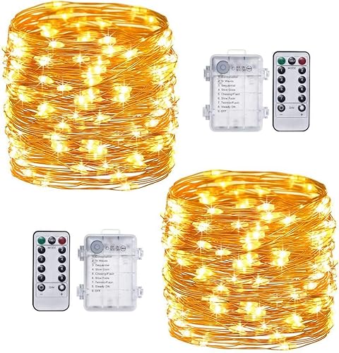 TingMiao Guirnalda de luces de hadas funciona con pilas con temporizador de control remoto, 33 pies, 100 LED, impermeable, 8 modos, cable de cobre,