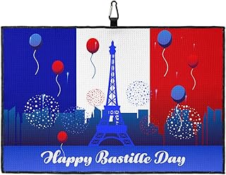 OComster Happy Bastille Day French National Day Golf Towel with Carabiner Clip, Balloon Blue White Red Stripes Microfiber Waffle Pattern Golf Towel, Golf Accessories for Clubs and Balls, 24x16 in