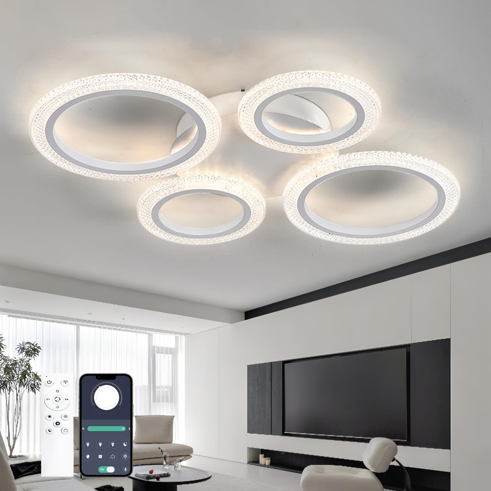 Nowoczesna Lampa Sufitowa z Pilotem i APP, 4-Pierścieniowa Regulowana Lampa Wisząca z Funkcją Pamięci i Regulacją Jasności, 48W LED, do Salonu, Sypialni i Pokoju Dziennego -White