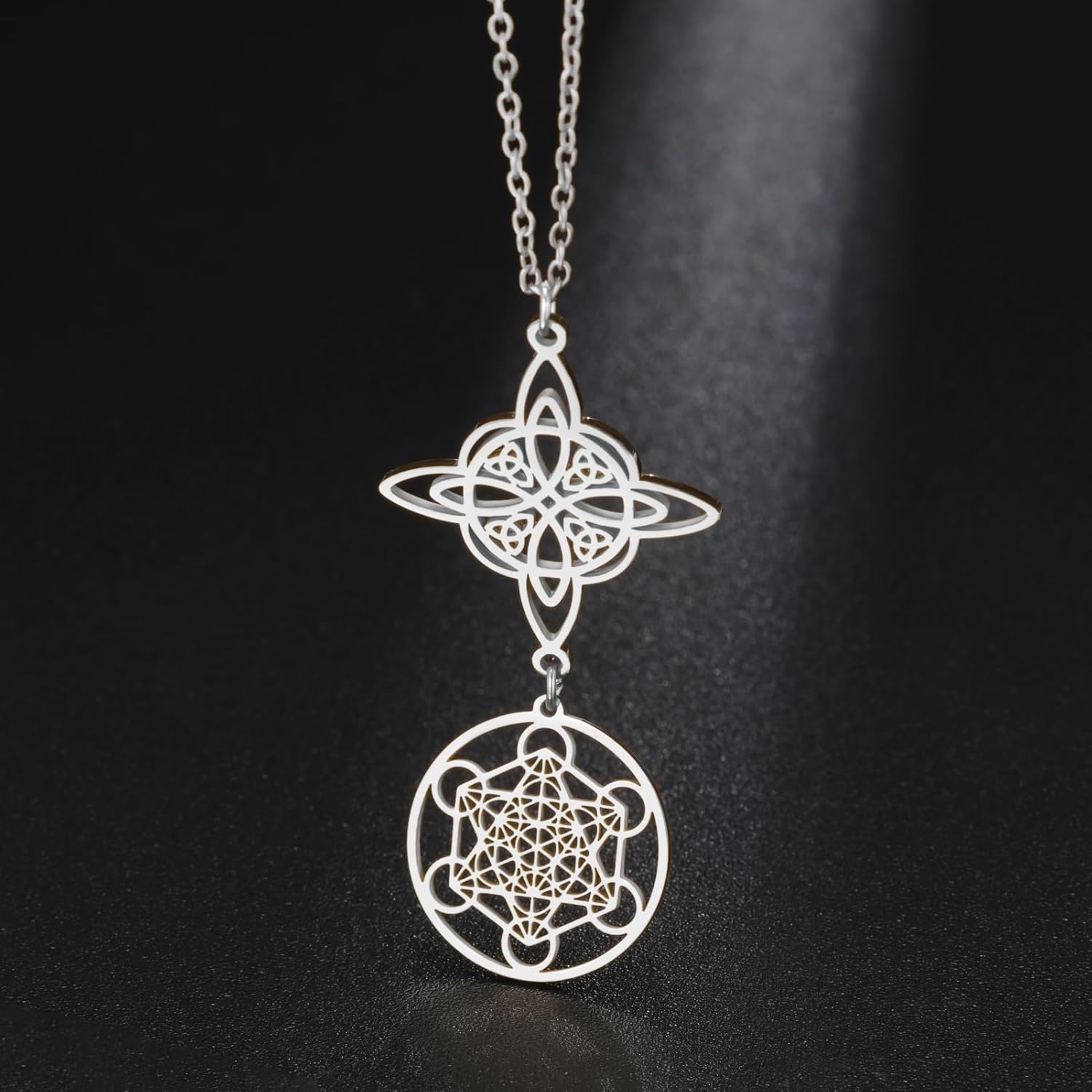 TEAMER Metatron Cube Witch Knot Pendant Necklace Double Amulet Protection Stainless Steel Witchcraft Necklaces Vintage Jewelry For Women - Image 7