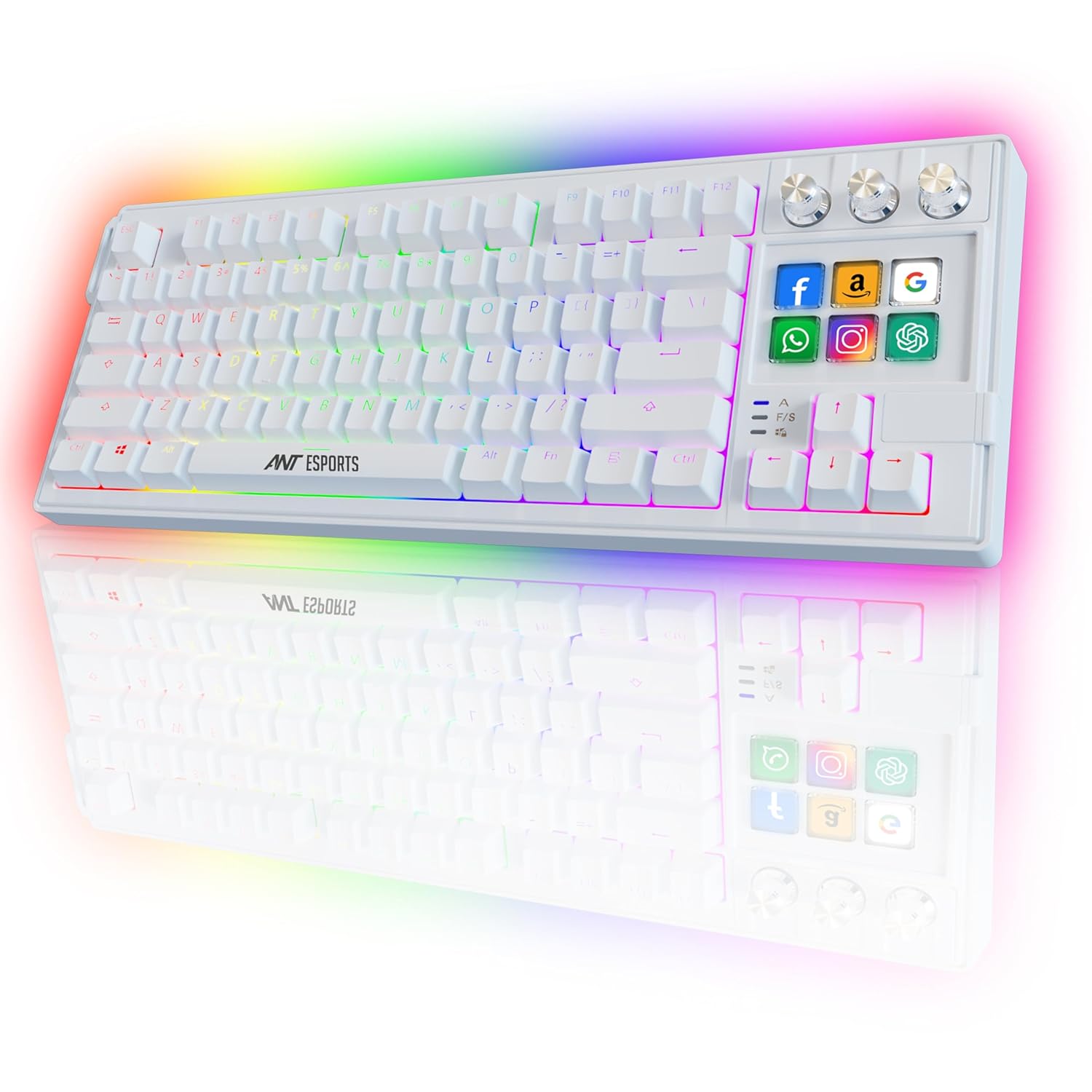 Ant Esports Apex400 Wired Hot-Swappable RGB Mechanical Keyboard with 6 LCD Macro Keys, 3Control Dials, Stream Deck Functions, QWERTY Layout, OBS & Editing Controls, Compatible with Windows/macOS-White