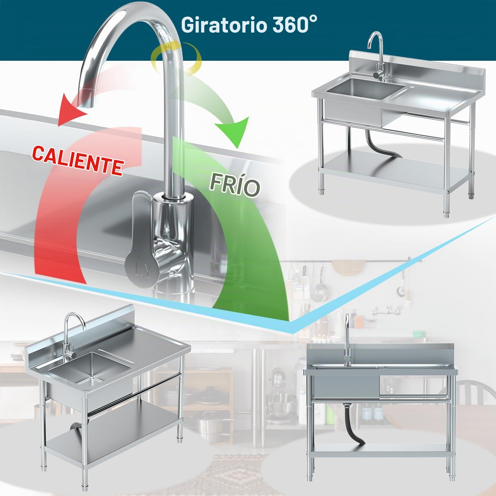 RiveraSink Fregadero Inox Independiente 100x55x80cm con Grifo 360° | Fregadero cocina e industrial | Lavadero exterior | Cubeta profunda | Cesta filtro incluida | Fácil limpieza