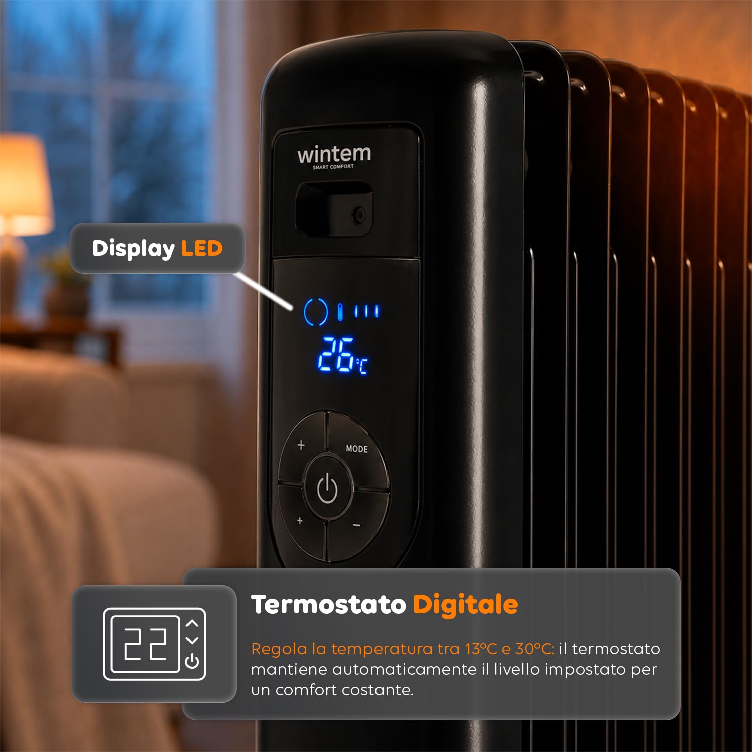 Radiatore Elettrico ad Olio 9 Elementi da 1500 Watt con Timer Programmabile per Accensione e Spegnimento - Display Digitale a Led e Telecomando, 60cm