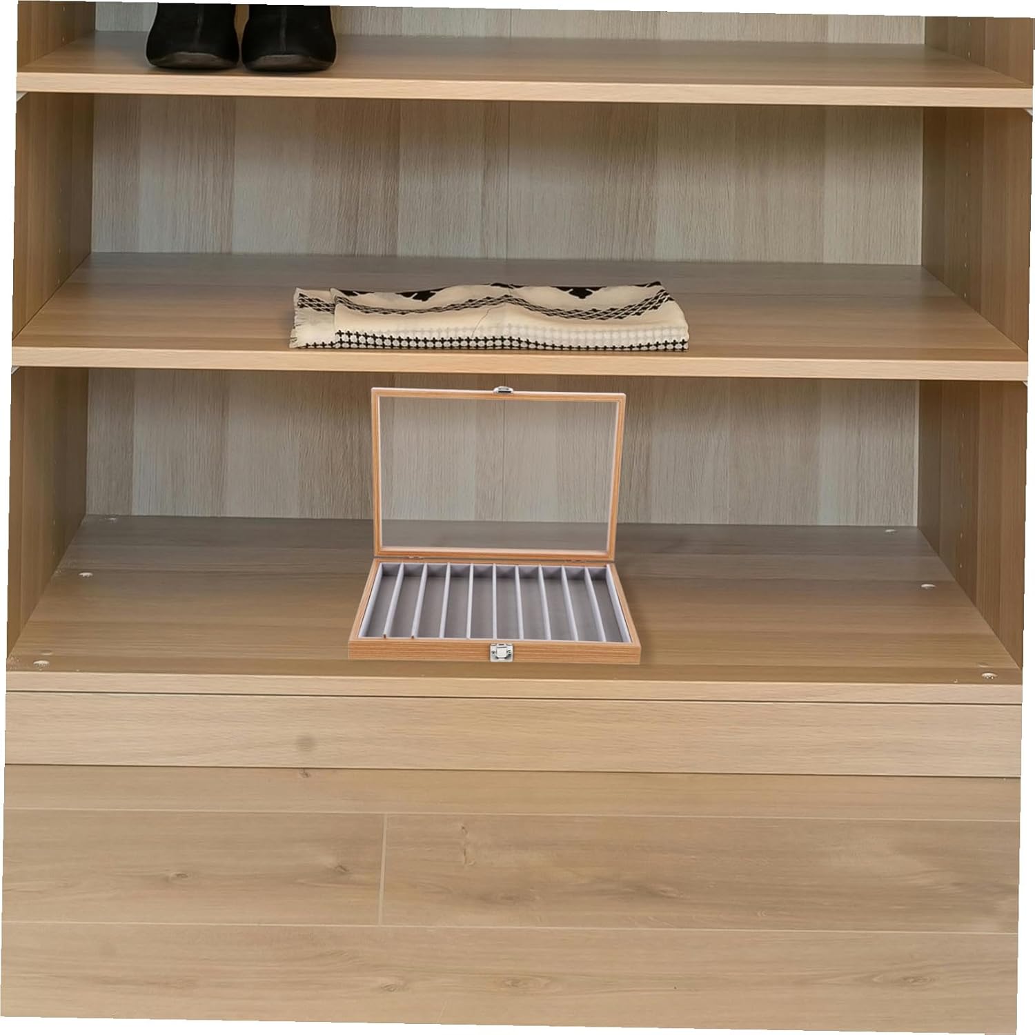 Long Necklace Organizer Box with Dust-resistant Glass and Wood Jewelry Storage Cabinet for Chains Bracelets Sweater Chains Stackable Protective Jewelry Display Case for Home Decor
