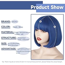 WERD Short Blue Bob Wig with Bangs,Straight Bob Blue Coraline Hair for Women, Dark Short Bangs Wig Synthetic Natural Looking for Party