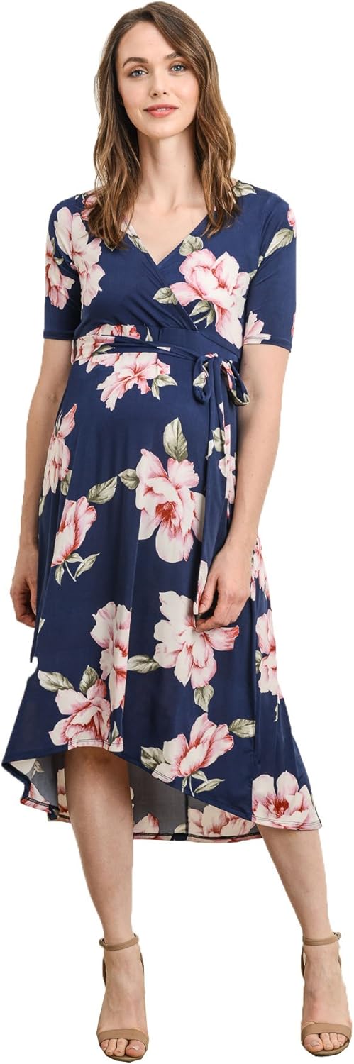 Women's Maternity Wrap Dress Midi Length with Waist Belt (X-Large, Navy Flower)