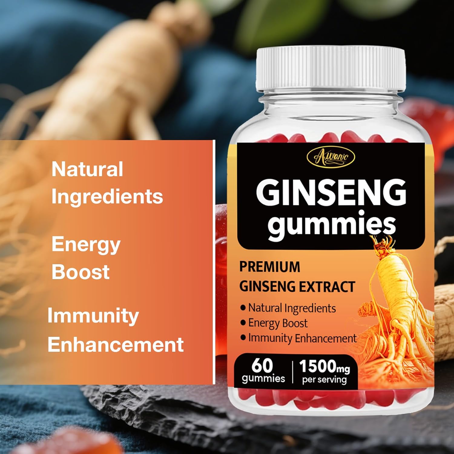 60 Count Asian Panax Ginseng Gummies 1500mg Supplements for Men and Women, Energy Maca Ginseng Root Extract Gummies for Memory & Immunity Support, Pectin-Based Apple Flavored Chews Gummy - Image 6