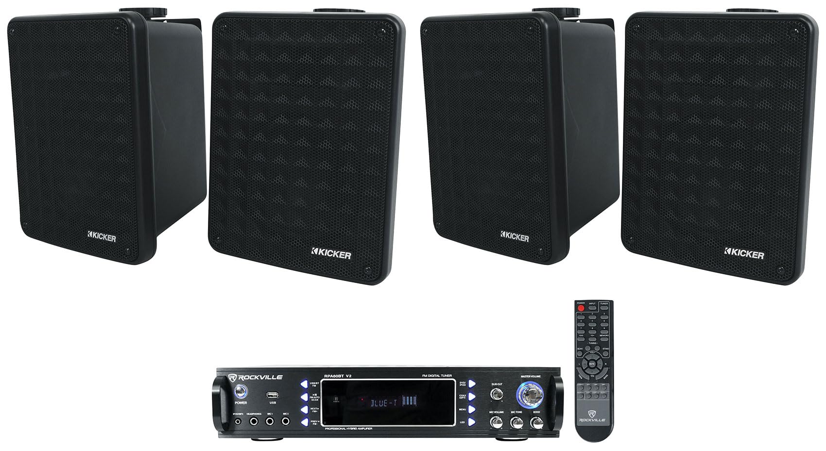 Rockville RPA60BT V2 1000 Watt 2-Ch USB Bluetooth DJ/Pro/Karaoke Amplifier Mixer Bundle with (4) Kicker 46KB6B KB6 6.5
