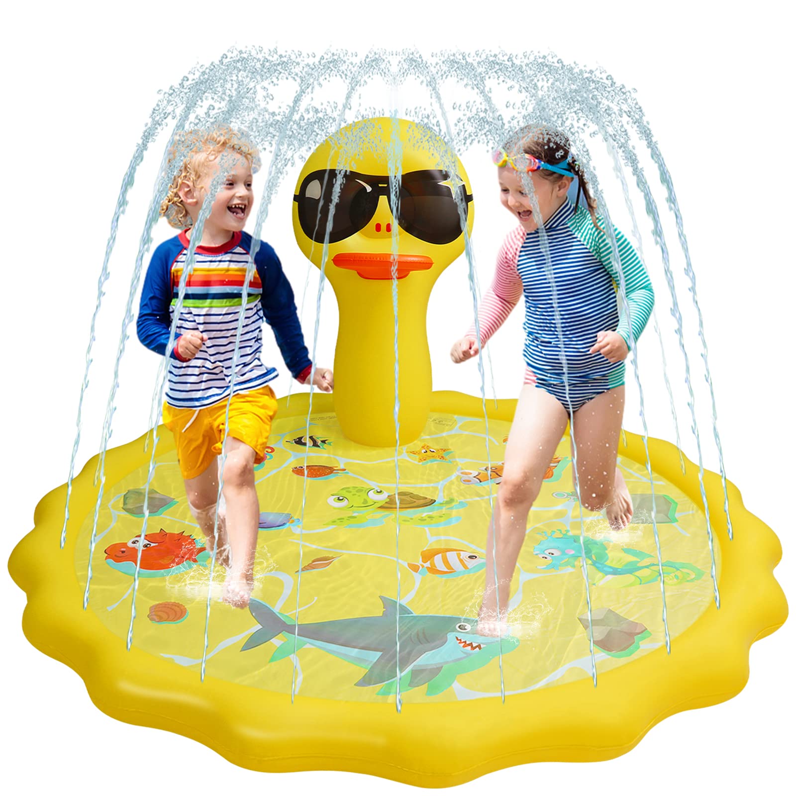 Splash Pads for Toddlers, Baby Splash Pad Sprinkler for Kids Outside Backyard Summer Outdoor Water Toys Gifts Boy Girl Toddlers Baby Kiddie Pool Splash Play Mat with Yellow Duck Basketball Hoop 68"