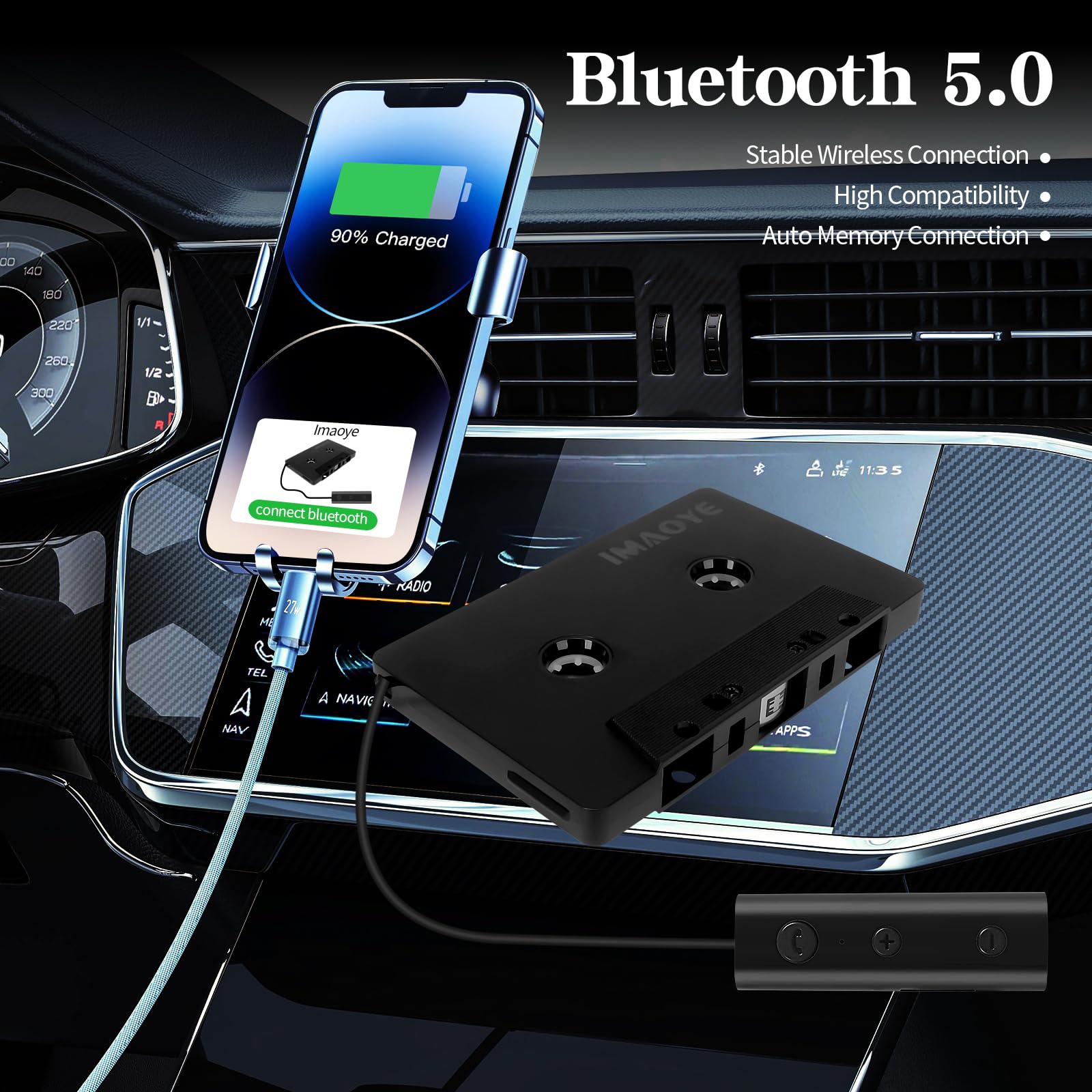 Bluetooth 5.1 - Conversor de cinta de audio estéreo para coche, compatible con tarjeta TF (cuatro canales)