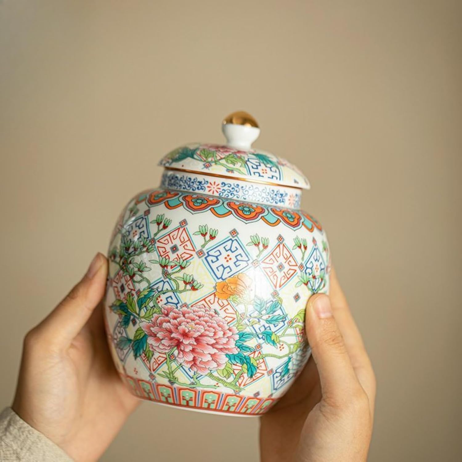 Antique-style Peony Enamel Colors Tea Canister, 850ml 28.9oz, Ceramics Sealed Jar Home Tea Set Accessories