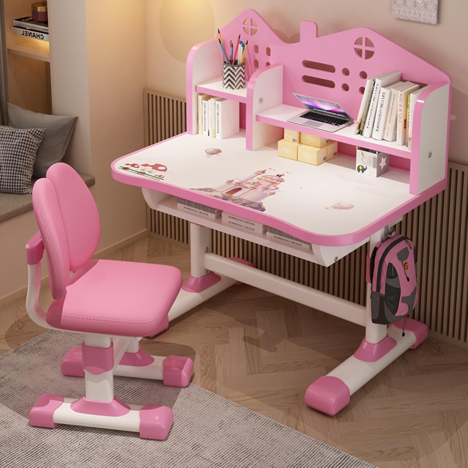 cdar Kids Learning Table and Chairs,Height Adjustable Toddler Desk Set for Bedroom,Girls Desk with Multi Bookstand Widened Desktop,Cartoon Pattern Desk and Chair Set for Kids Pink