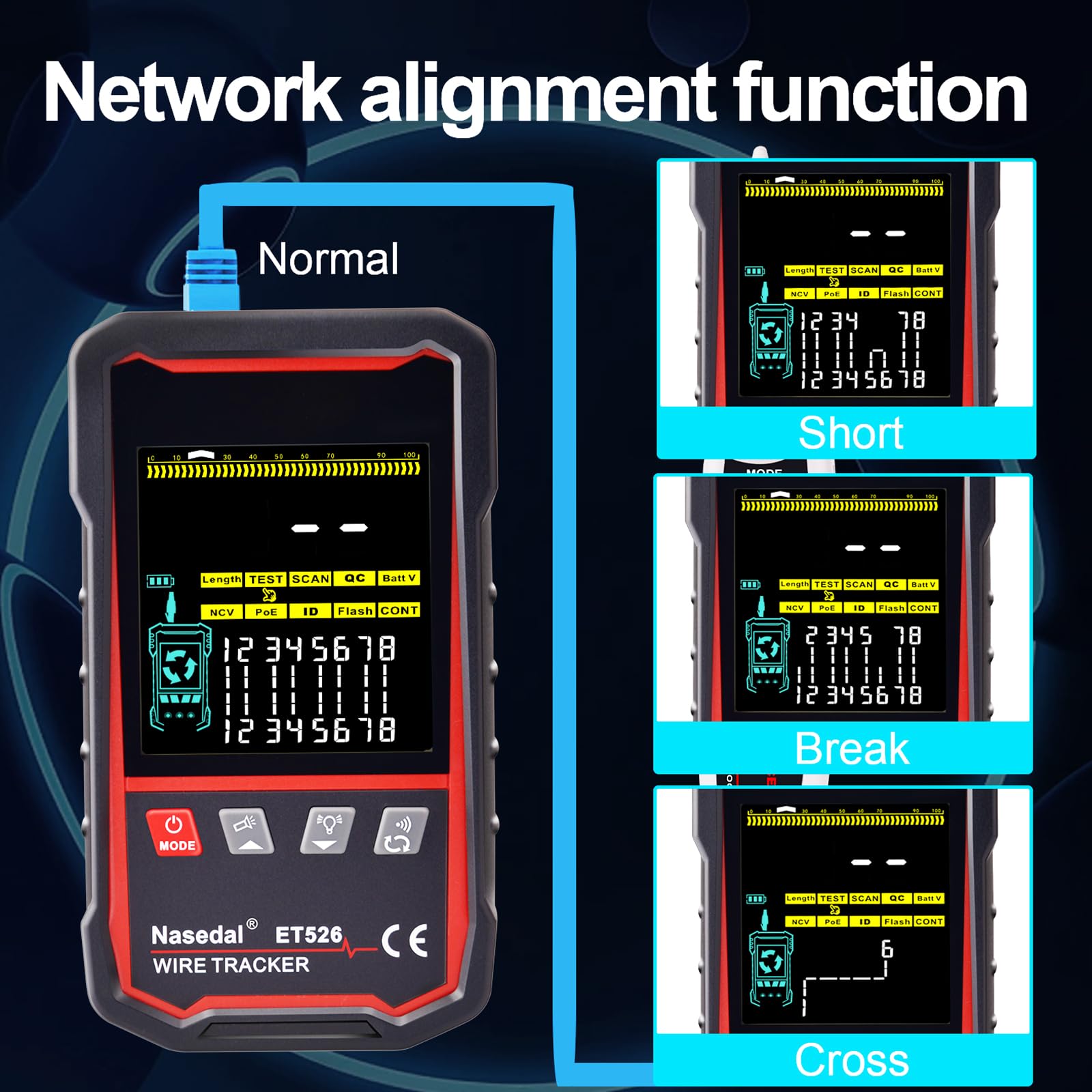 Network Cable Tester Wire Tracker Tone Generator Ethernet Tester Multímetro VFL 3 en 1 RJ45 CAT5 CAT6 CAT7 CAT8 RJ11 Cable Length Cable Mapping Test Port Flashng 3 pcs Remote (ET526)