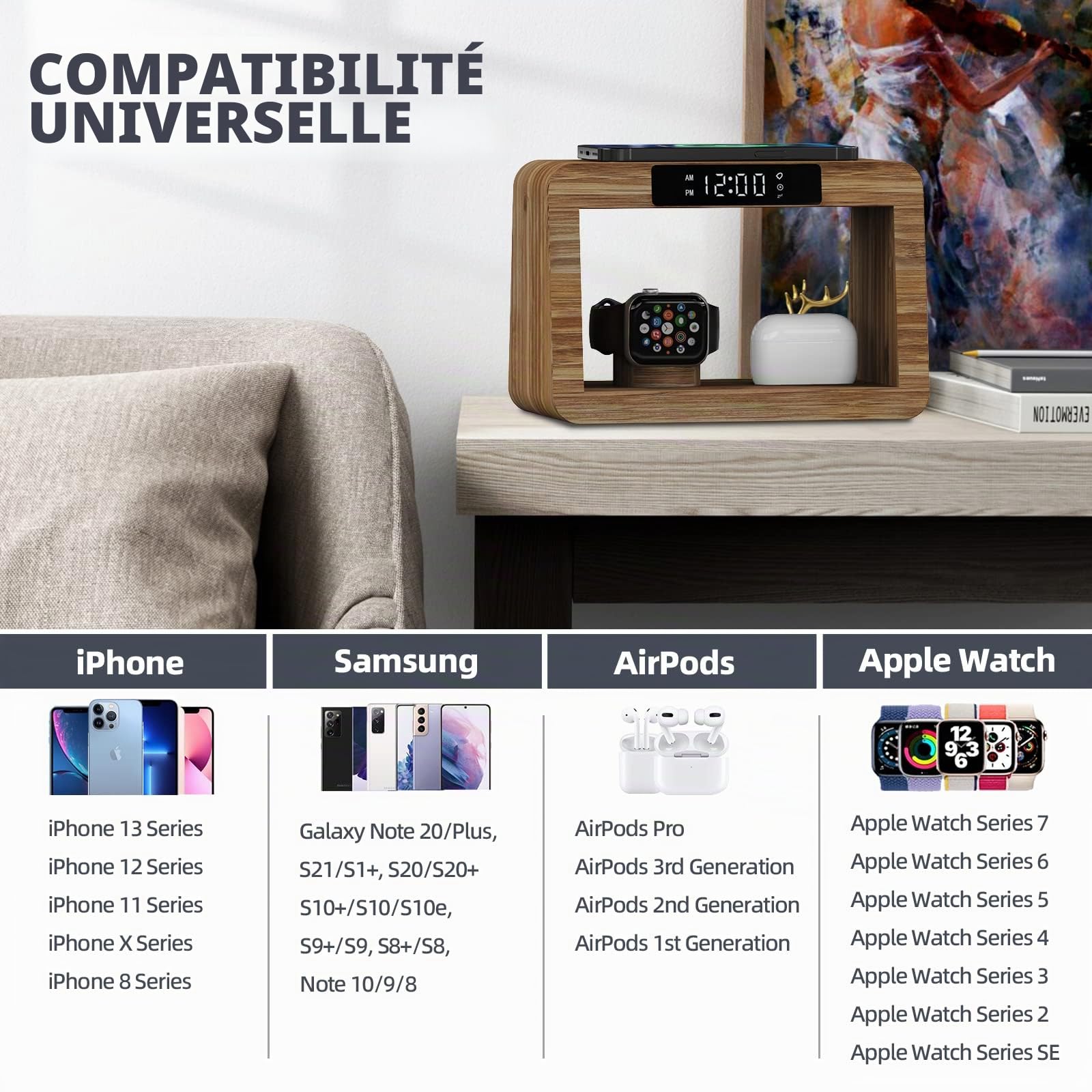 Station de Charge sans Fil 5 en 1, Chargeur Rapide sans Fil avec réveil numérique et veilleuse, Station de Charge en Bambou, Compatible avec iWatch/AirPods/Samsung Galaxy et Autres