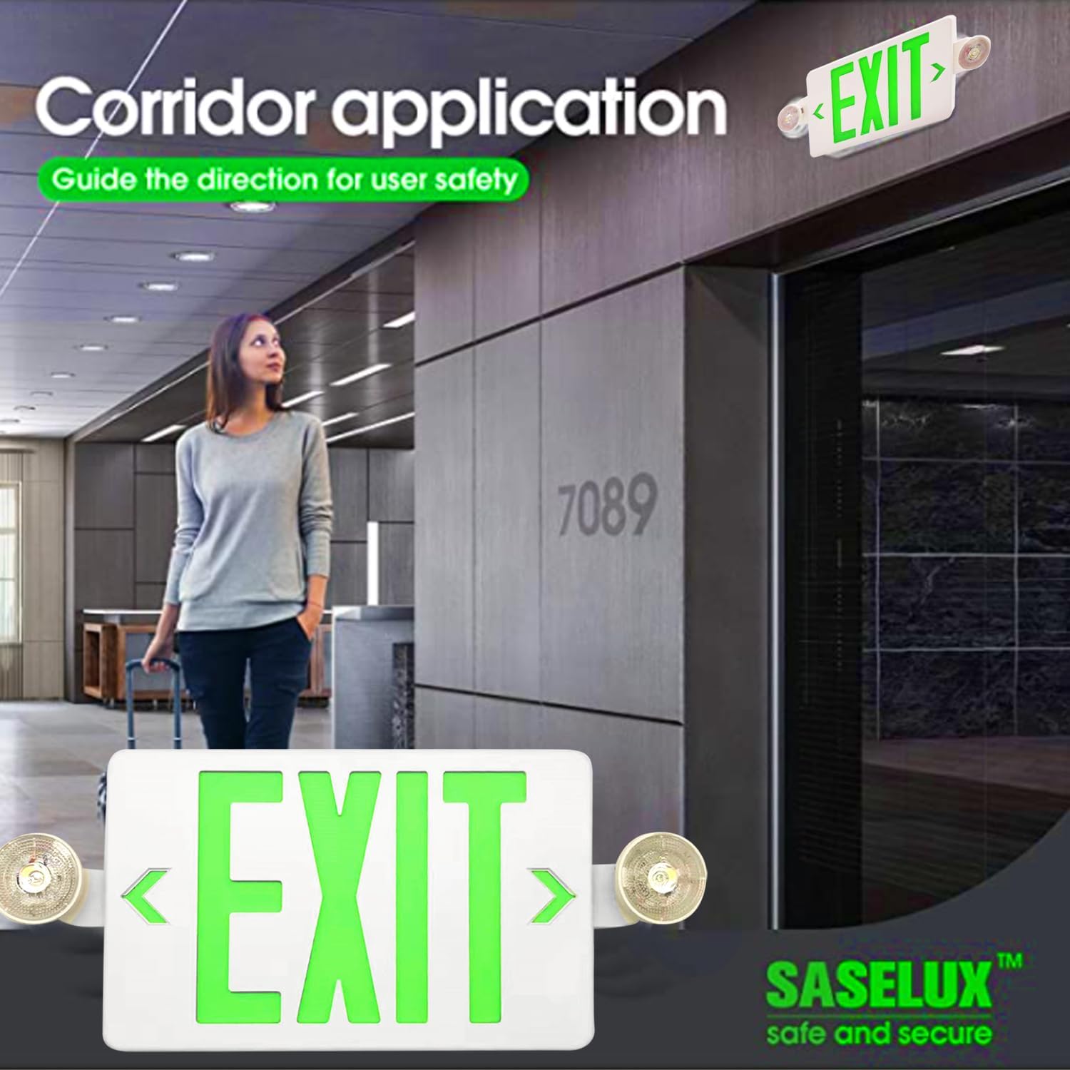 OSTEK Green LED Exit Sign with Emergency Lights, Two Adjustable Head Emergency Exit Lights with Battery Backup, Dual LED Lamp ABS Fire Resistance UL-Listed 120-277V (Green, 2 Pack)