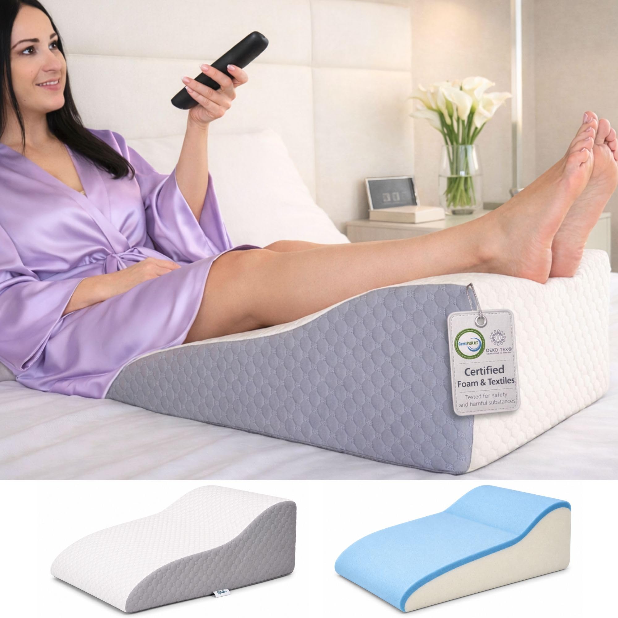 Ritalia CUSCINO CUNEO GAMBE Cuscino alza gambe per circolazione | Cuscino ortopedico per elevazione gambe in Memory Foam | Federa traspirante lavabile
