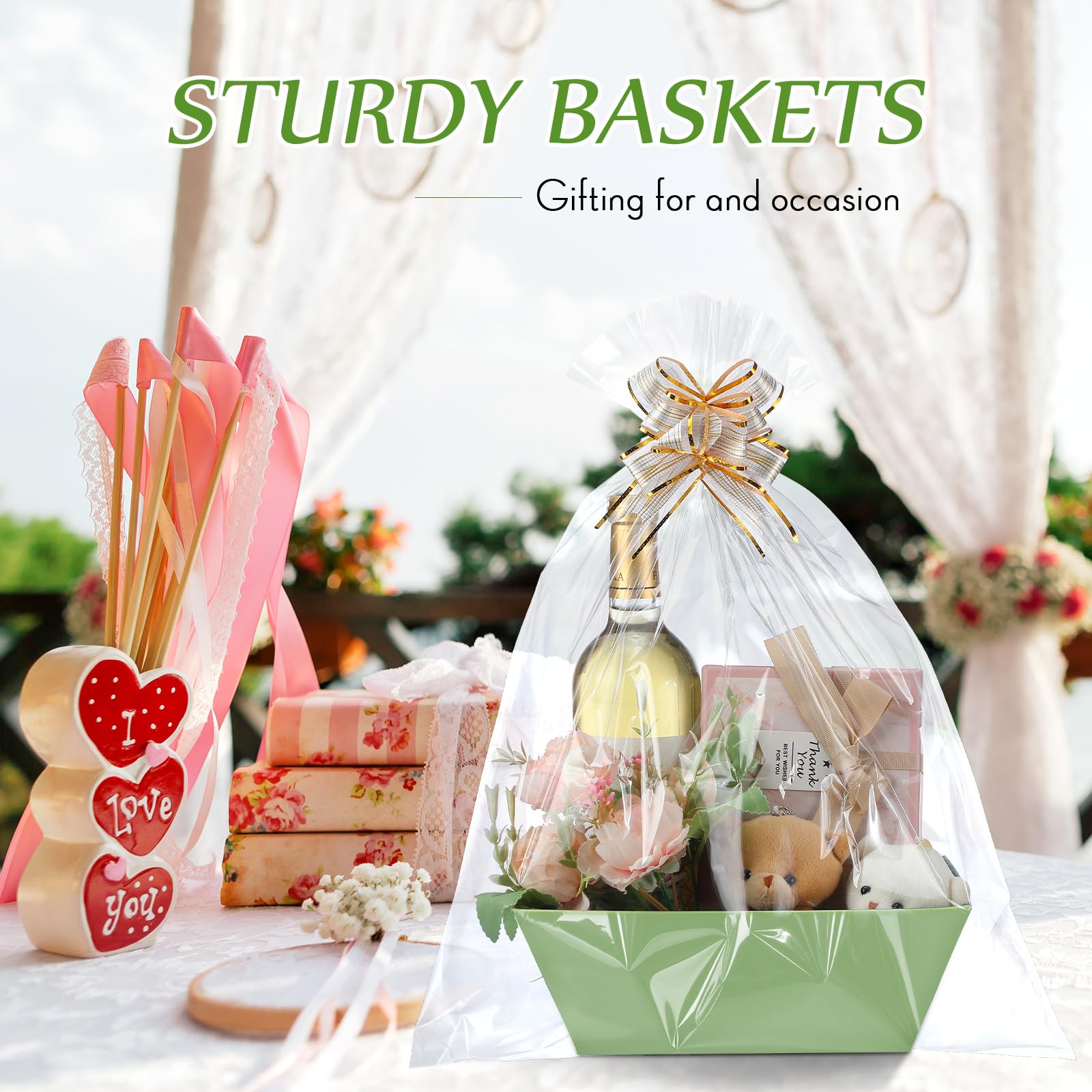 Cesta de regalo vacía de 44 piezas, incluye 12 cestas de regalo vacías, 12 bolsas de plástico para cestas de regalo y 20 lazos para bodas, Acción de Gracias, Navidad, fiesta, envoltura de regalos