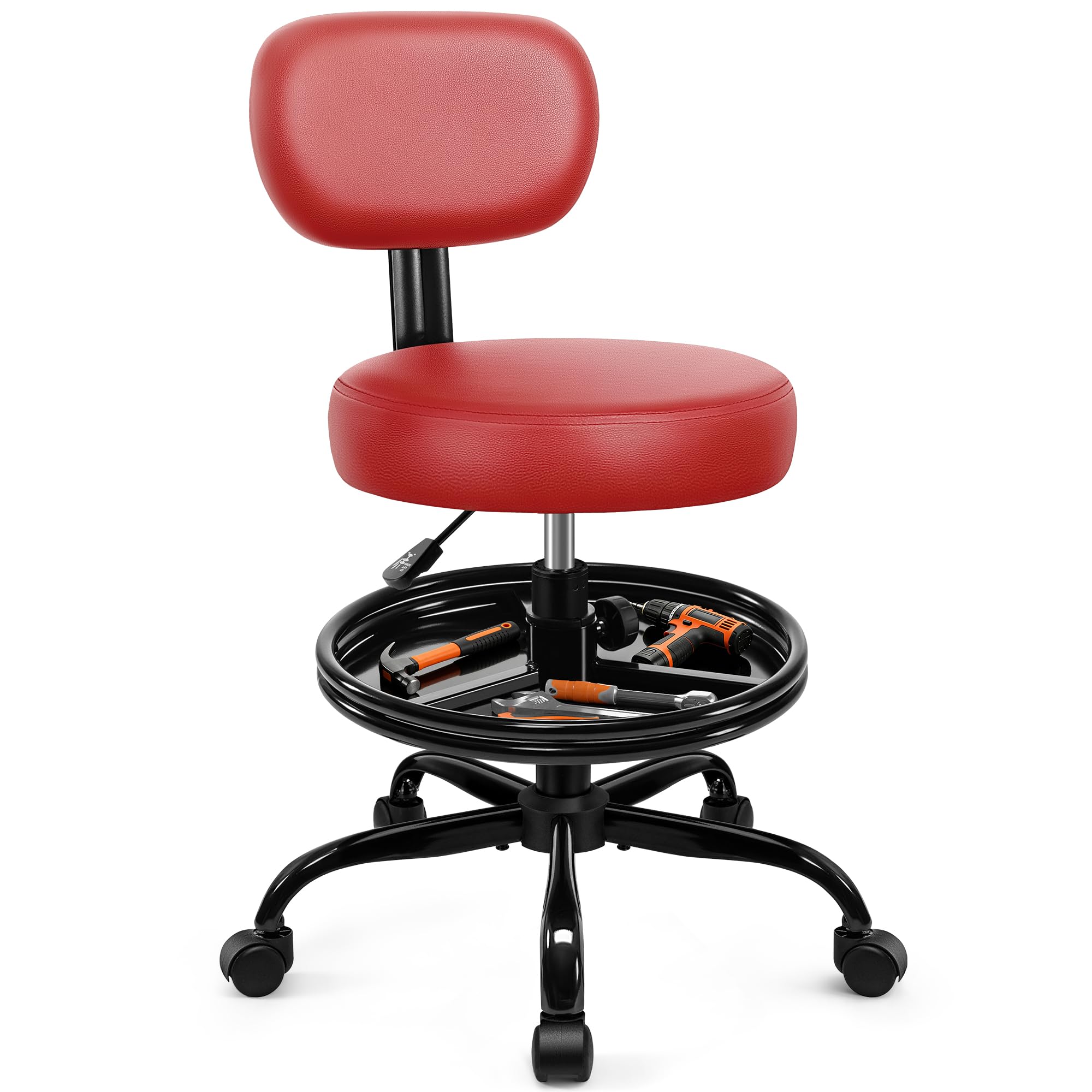 Shop Stool with Wheels for Garage, Mechanics Rolling Chair with Backrest, Adjustable Height Heavy Duty Garage Stool with Footrest and Storage Tray, Swivel Task Chair for Workshop Kitchen Salon (Red)