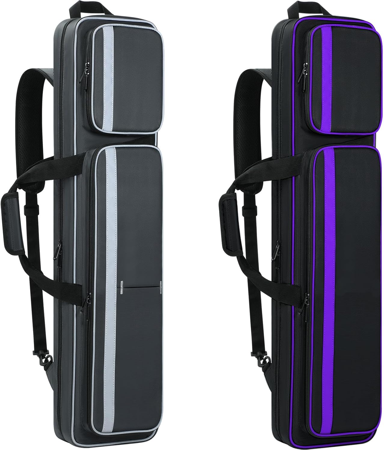 Pool Cue Case 4x5, Pool Cue Carrying Case Soft Padded Billiard Stick Bag with Multi-pocket for 4 Butts and 5 Shafts (1PCS Grey + 1PCS Purple)
