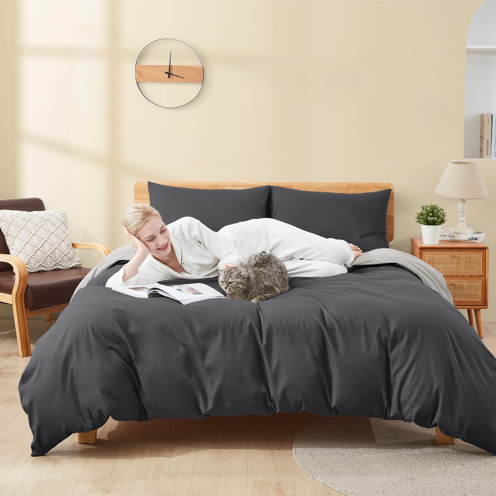 Sufdari Ropa de cama de algodón 135 x 200 cm, 100% algodón, funda nórdica transpirable, juego de ropa de cama con 2 fundas de almohada de 80 x 80 cm + 2 fundas nórdicas con cremallera