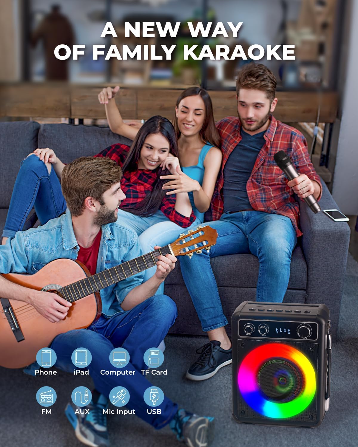 Karaoke, altoparlante portatile Bluetooth con 2 microfoni wireless, sistema PA per adulti e bambini, con luci LED, supporta TWS/REC/FM/AUX/USB/TF per casa, feste, picnic