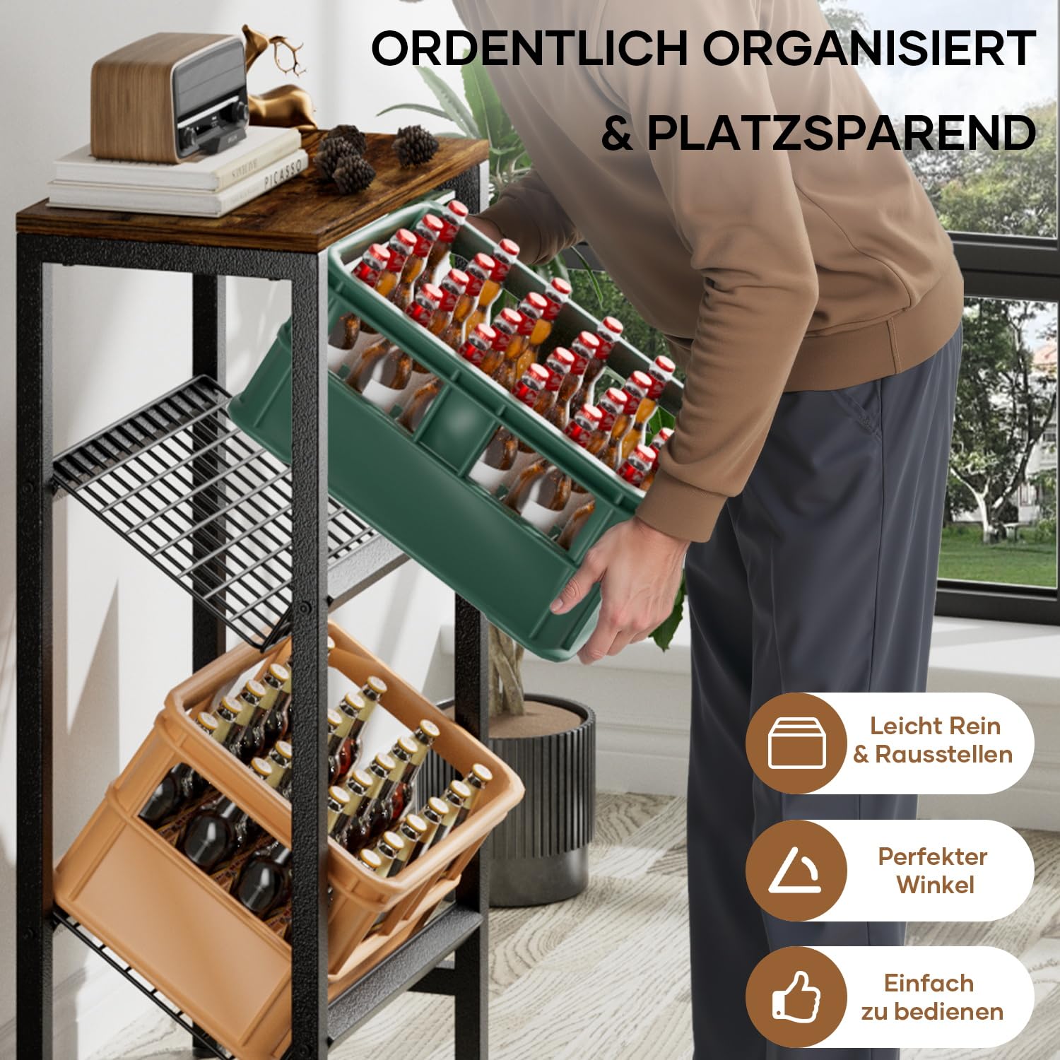HFHOME Getränkekistenregal für 2 Kisten mit verstellbarem Ablage, Stabiler Metall Ständer Getränkekisten, Freistehend Kistenständer mit oberem Holzregal, Wasserkistenregal für Küche Keller Garage