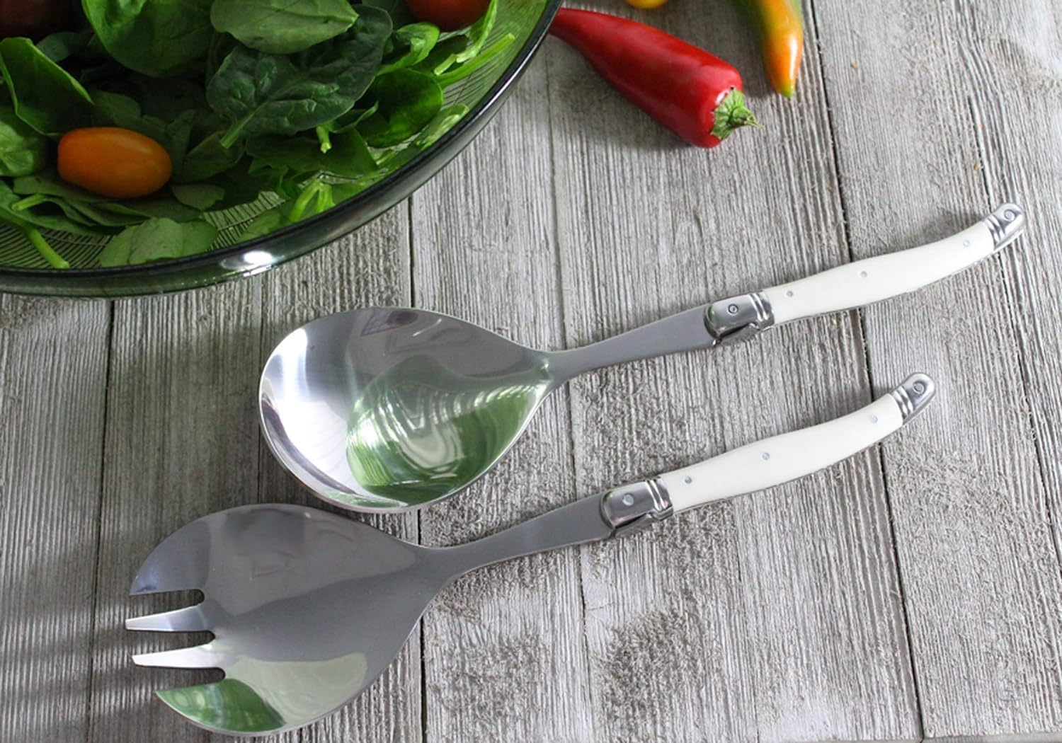 French Home Laguiole Connoisseur (Faux Ivory) Salad Servers 2 Piece Set — Stainless Steel Flatware Set — Salad Serving Utensils — Silverware Set Spoon and Fork Set — Dining Utensils Set