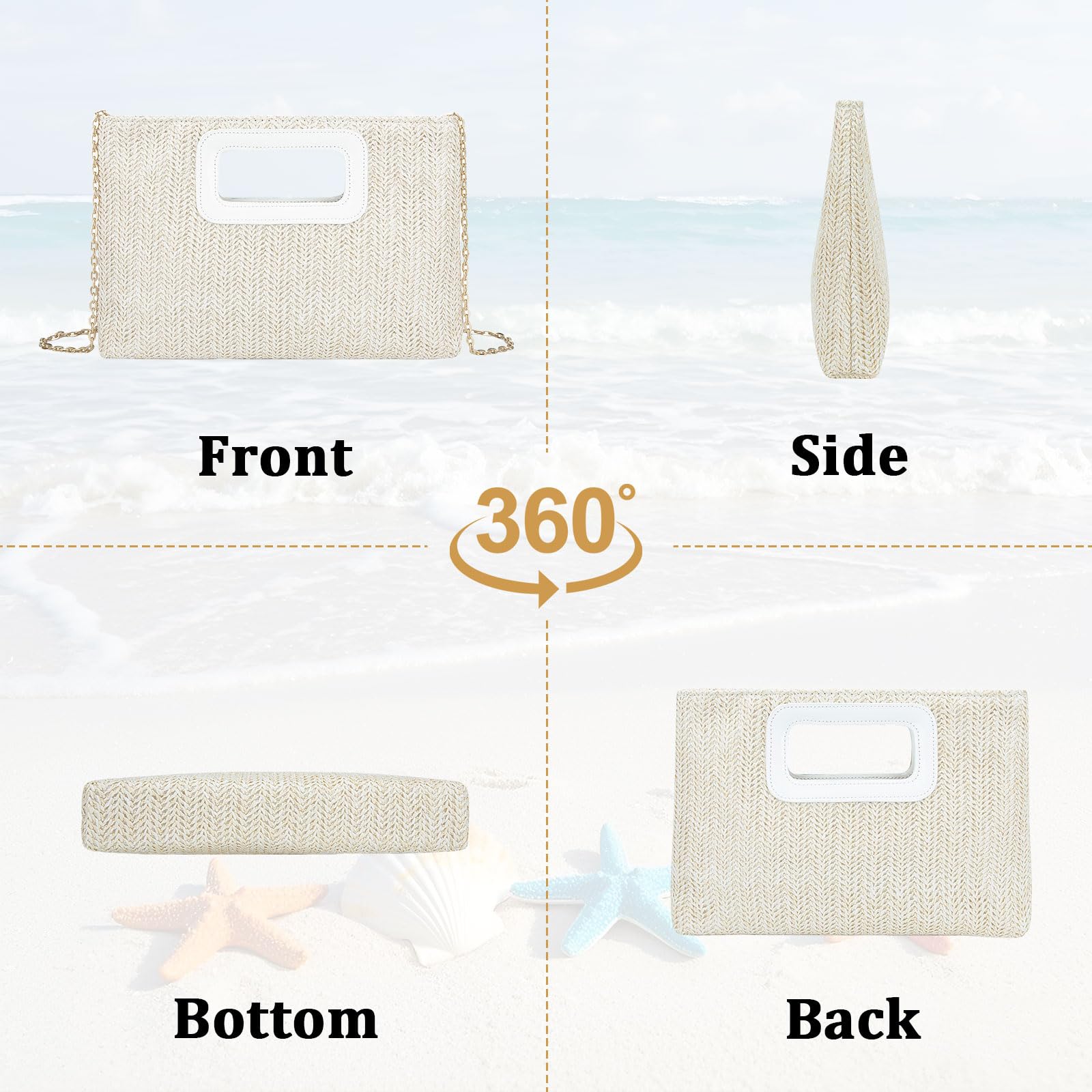 Gets Borsa in paglia intrecciata con manico superiore, pochette da sera da donna, borsa a tracolla in rattan bohémien, con catena