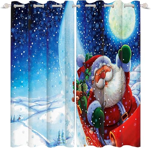 Renaiss Cortinas de Papá Noel de 29 pulgadas de ancho x 55 pulgadas de largo, lindas cortinas opacas con estampado de luna de Papá Noel en invierno,