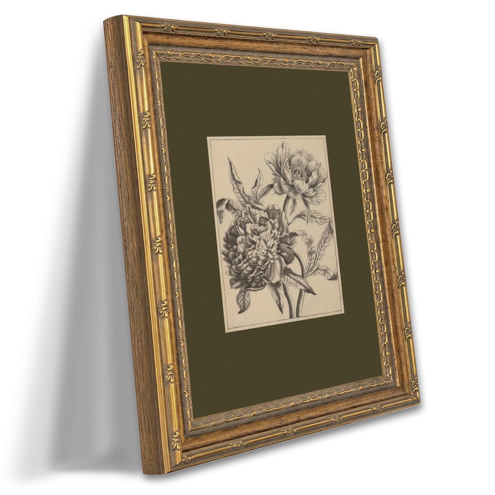 vintage peony botanical sketch framed wall art classic floral charcoal drawing canvas print antique flower heavy textured impasto painting luxury ornate gold frame for living room bedroom kitchen home office gallery wall room decor aesthetic gift for art lovers friends new homeowners families 12x16 inch