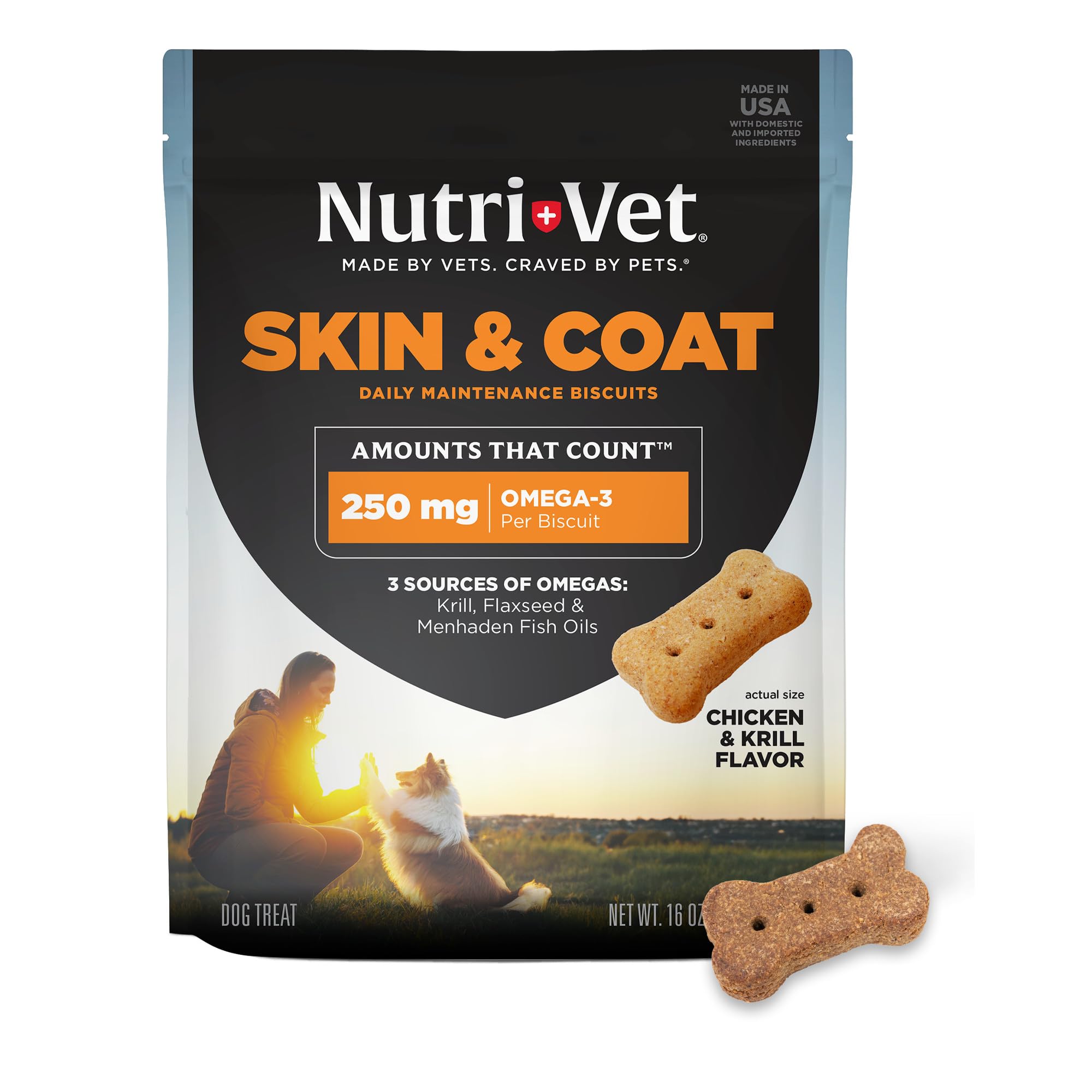 Skin & Coat Biscuits for Dogs, Tasty Dog Treat, Skin and Coat Supplement, Omega 3 Fish Oil, Made with Omega 3 and Biotin, Fish Oil Treat for Pets, Chicken & Krill Flavor, 16 oz