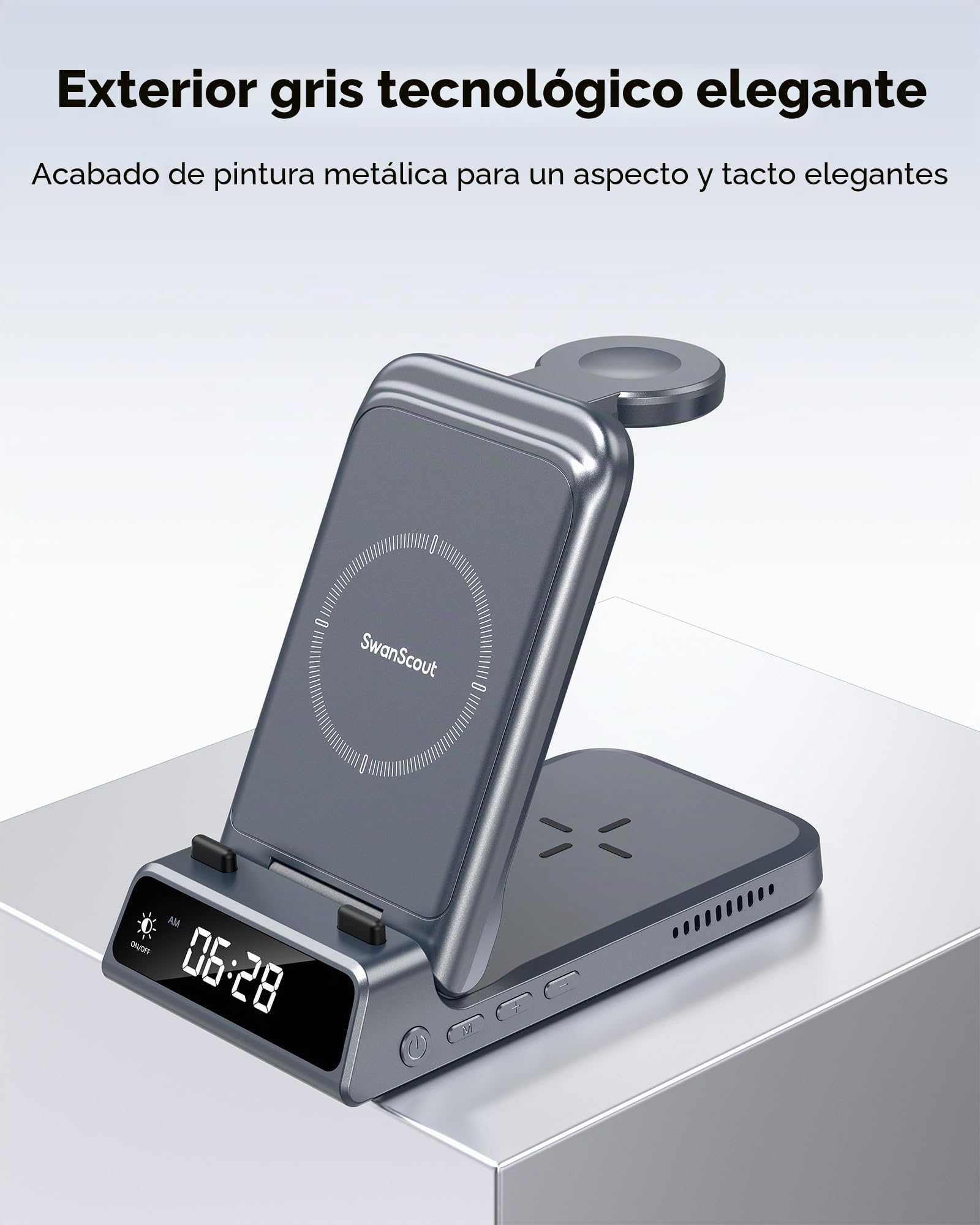 Cargador Inalámbrico para iPhone, SwanScout 703A, Estación de Carga para iPhone 17/16e/16 Pro Max/16 Pro/15/14/13 Serie, 3 en 1 para Apple Watch Ultra 2/10/9/8/7/Air-Pods, Sin Adaptador (Gris Tecn)