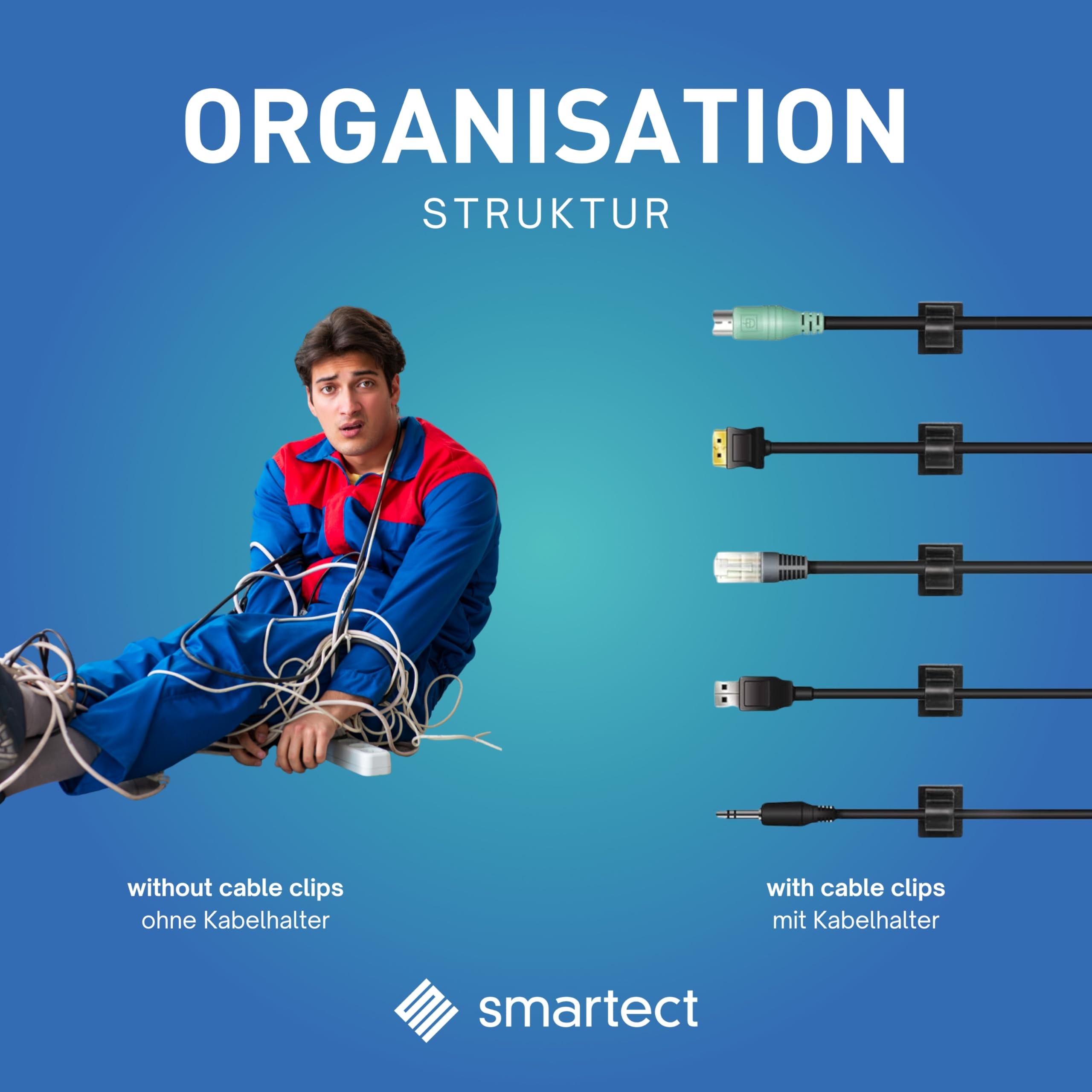 smartect Supporto Cavi Autoadesivo Nero [50 Pezzi] Fermacavi a Muro per Fissare Luci Decorative, Cavi USB, Elettrici e di Ricarica, Clip per Gestione Cavi sulla Scrivania