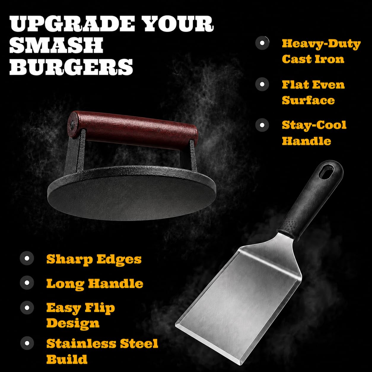 IAN's Zestaw prasy do burgerów Smash – żeliwna prasa do burgerów (16,5 cm), szpatułka do burgerów, łopatka do pieczywa i przypraw, grill, akcesoria Hibachi, prezenty dla taty