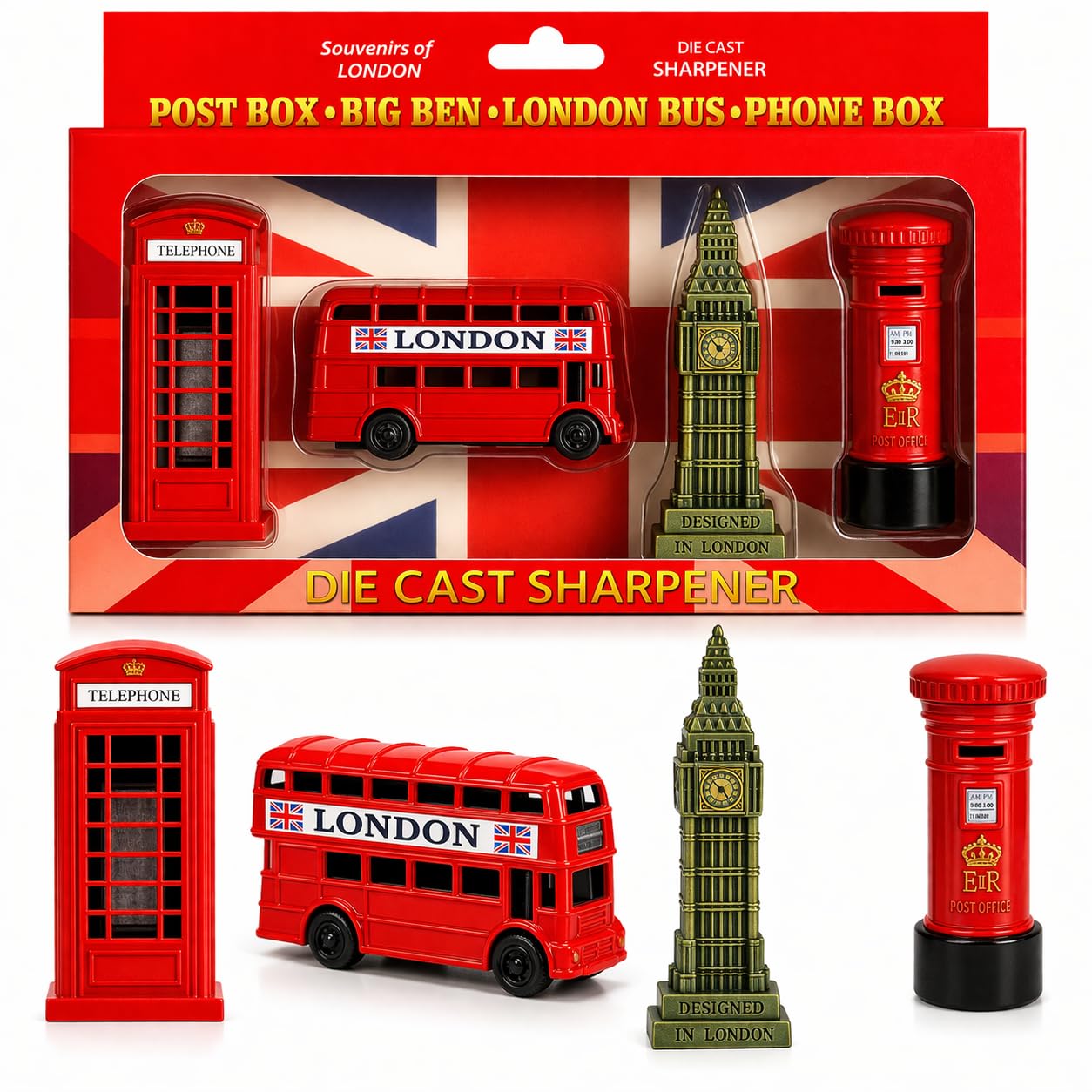 London Souvenir - Set di temperamatite (confezione da 4), Big Ben, autobus, cabina telefonica e cassetta postale, regalo per bambini, materiale scolastico, set regalo di temperamatite pressofuso da
