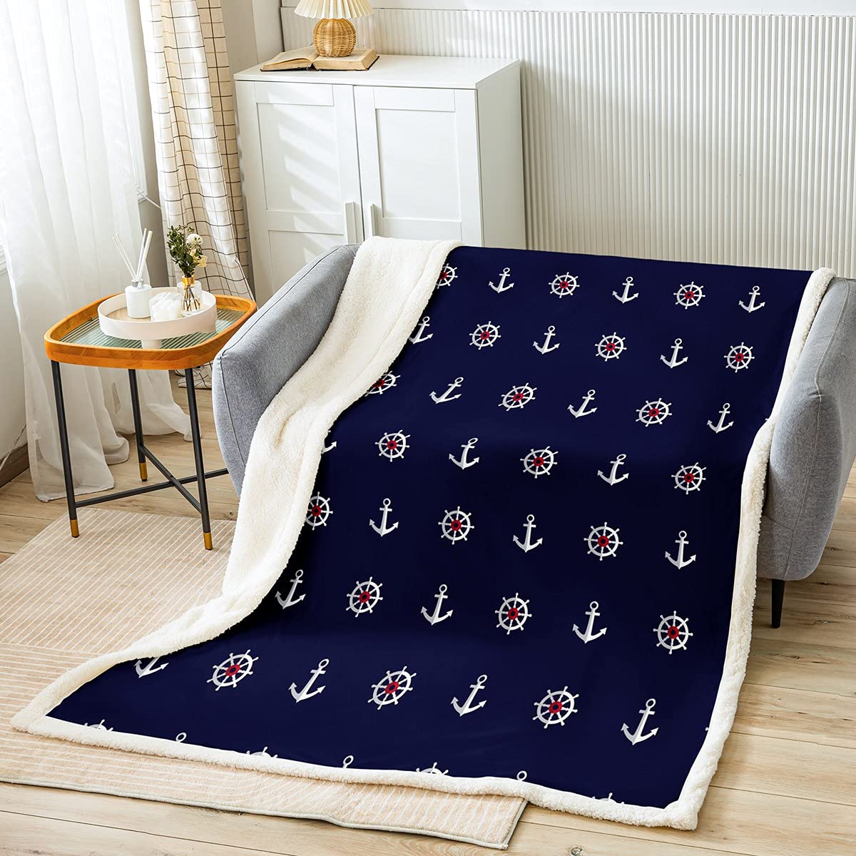 Loussiesd Anchor Fleece Blanket Nautical Ocean Throw Blanket Sea Adventure Rudder Sherpa Blanket For Bed Sofa Plush Fuzzy Blanket Baby 30x40 Inch