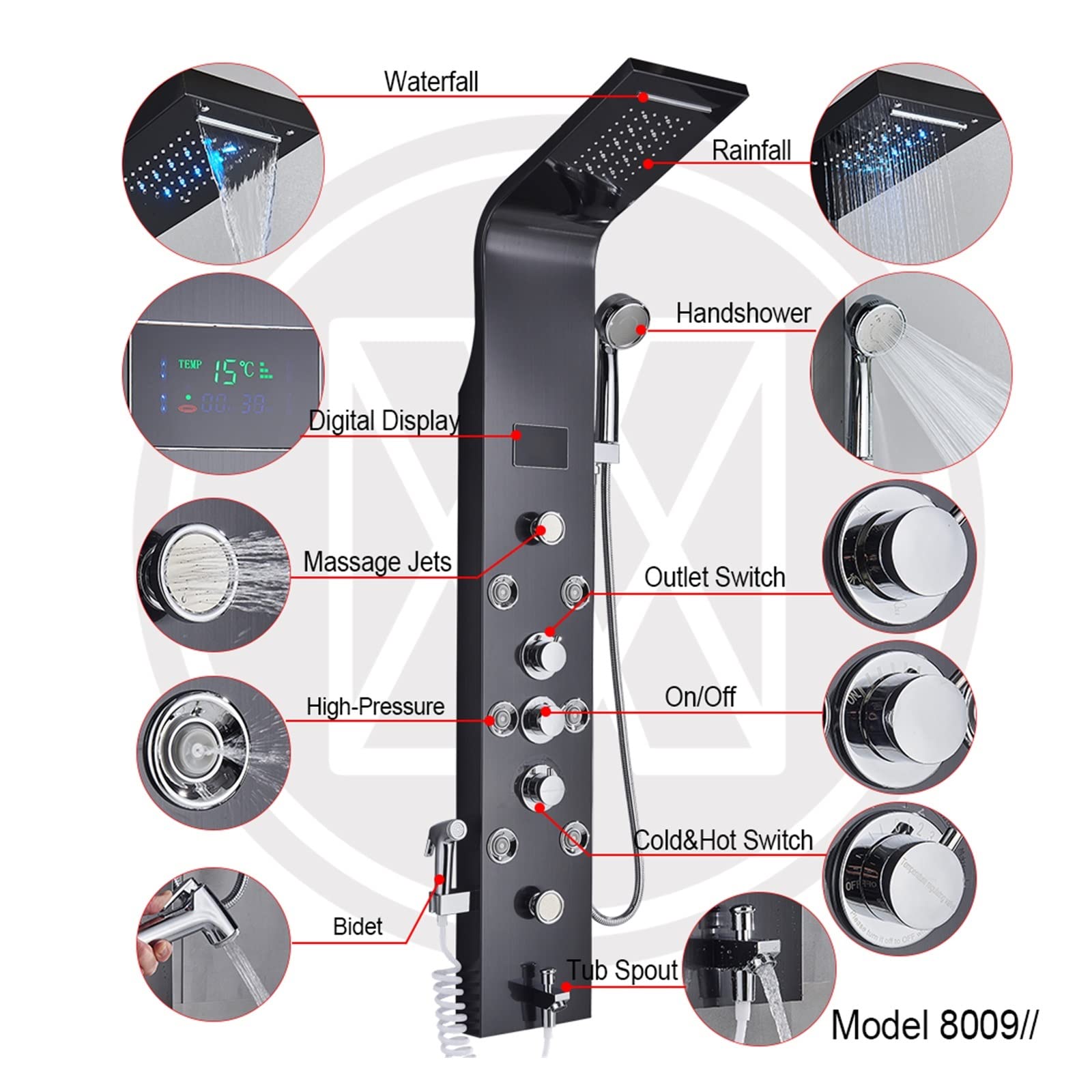 Rubinetto for Doccia con Luce a LED Nera Bagno Spa Massaggio Doccia a Getto Colonna Cascata Pannello Doccia a Pioggia Bidet Spruzzatore Rubinetto(8009 Black B)