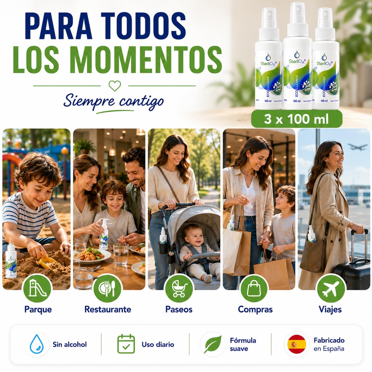 Spray 3 x 100 ml – Pack Cosmético con Ácido Hipocloroso | Para Manos, Piel y Objetos Personales | Seguro para Niños y Mascotas – Sin Alcohol ni Perfume