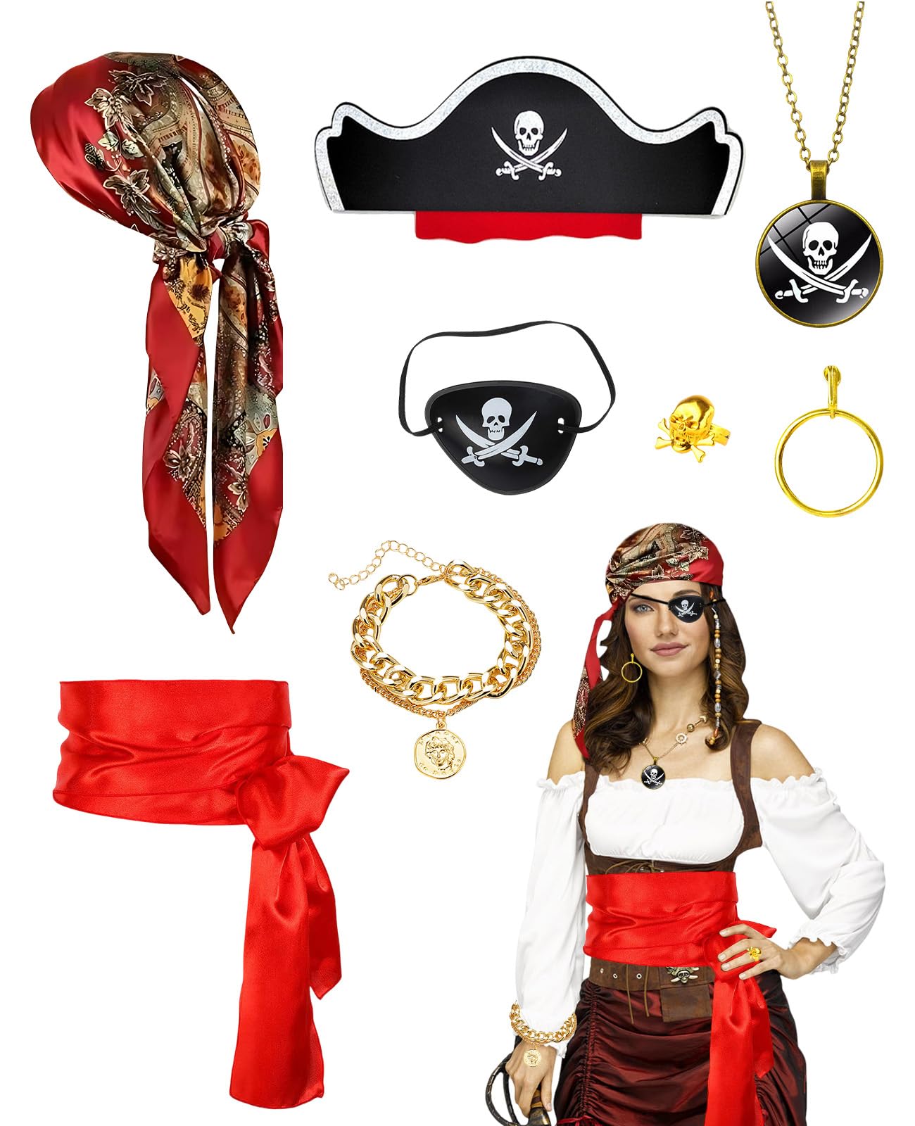Ninnyi 8PCS Pirate Accessories Set for Women Pirate Costumes Adult with Headscarf Sash Belt Bracelet Hat Earring Ring Eye Patch Necklace