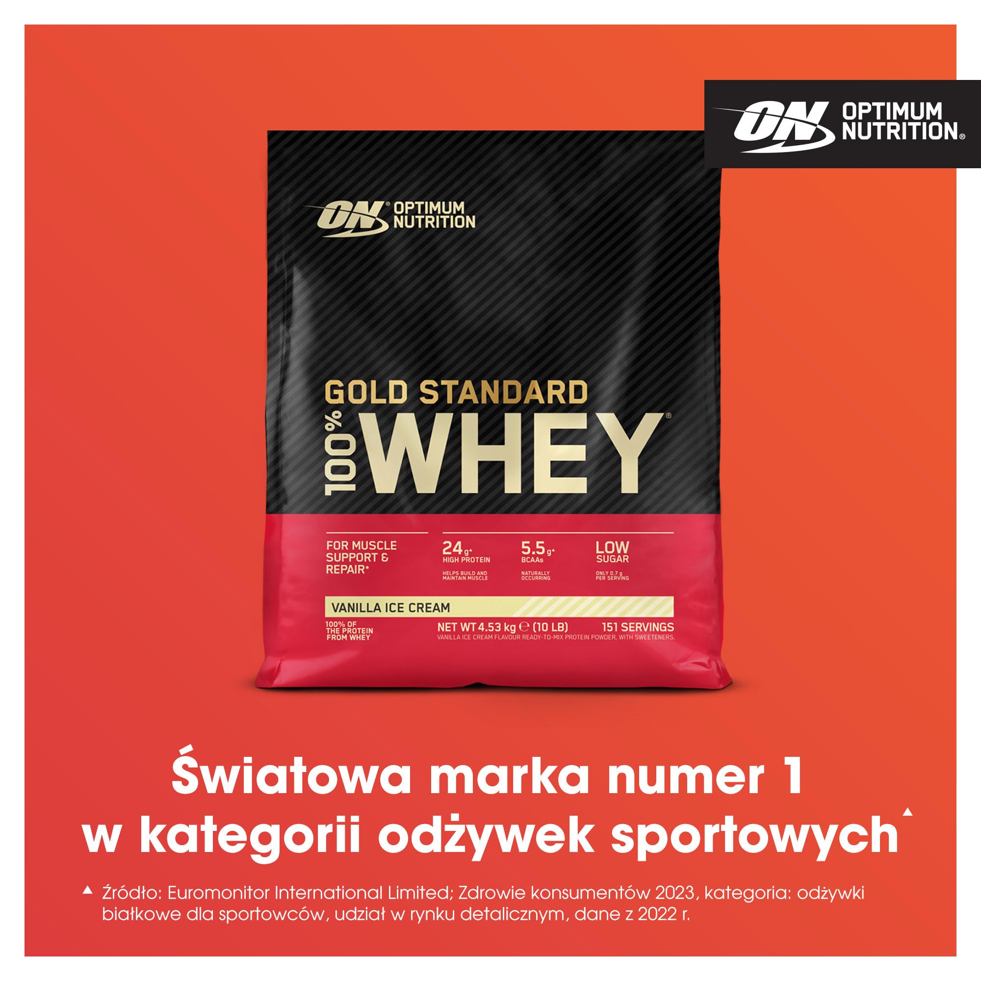 Optimum Nutrition Gold Standard 100% Whey, Koncentrat Białka Serwatkowego, Izolat i Hydrolizat Serwatki, BCAA, Glutamina, Wzrost i Naprawa Mięśni, Smak Lody Waniliowe, 151 porcji, 4,53 kg
