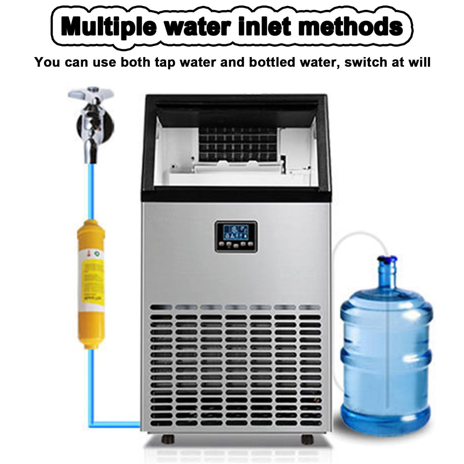 Máquina de hielo comercial, máquina para fabricar hielo industrial, máquina de cubitos de hielo de acero inoxidable independiente con capacidad de almacenamiento de hielo de 15 kg, para bares,55KG/24H