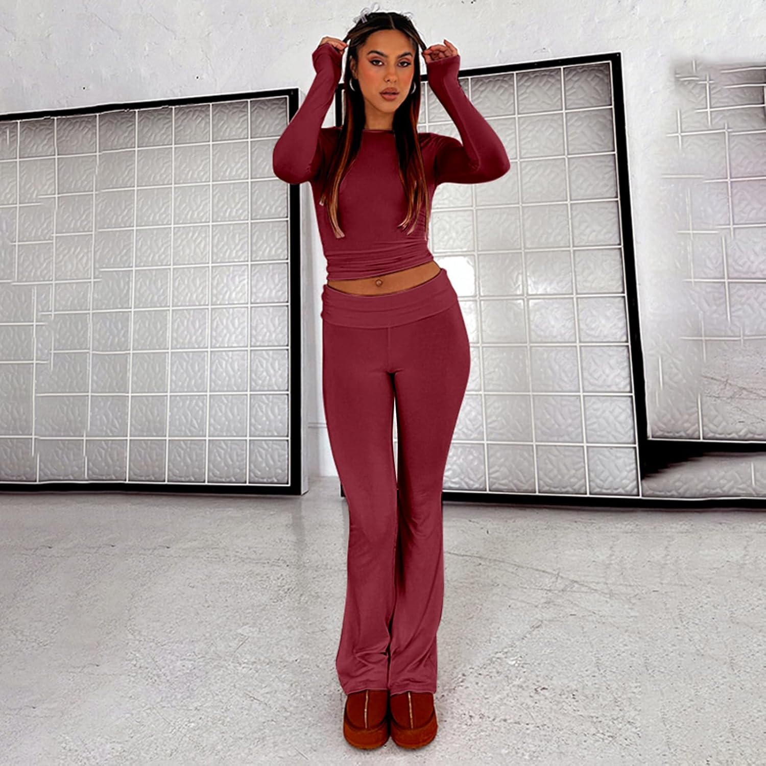 kaimimei Women's 2 Piece Lounge Outfits Slim Long Sleeve Tops High Waist Foldover Flare Leggings Sets Casual Yoga Sweatsuit - Image 5