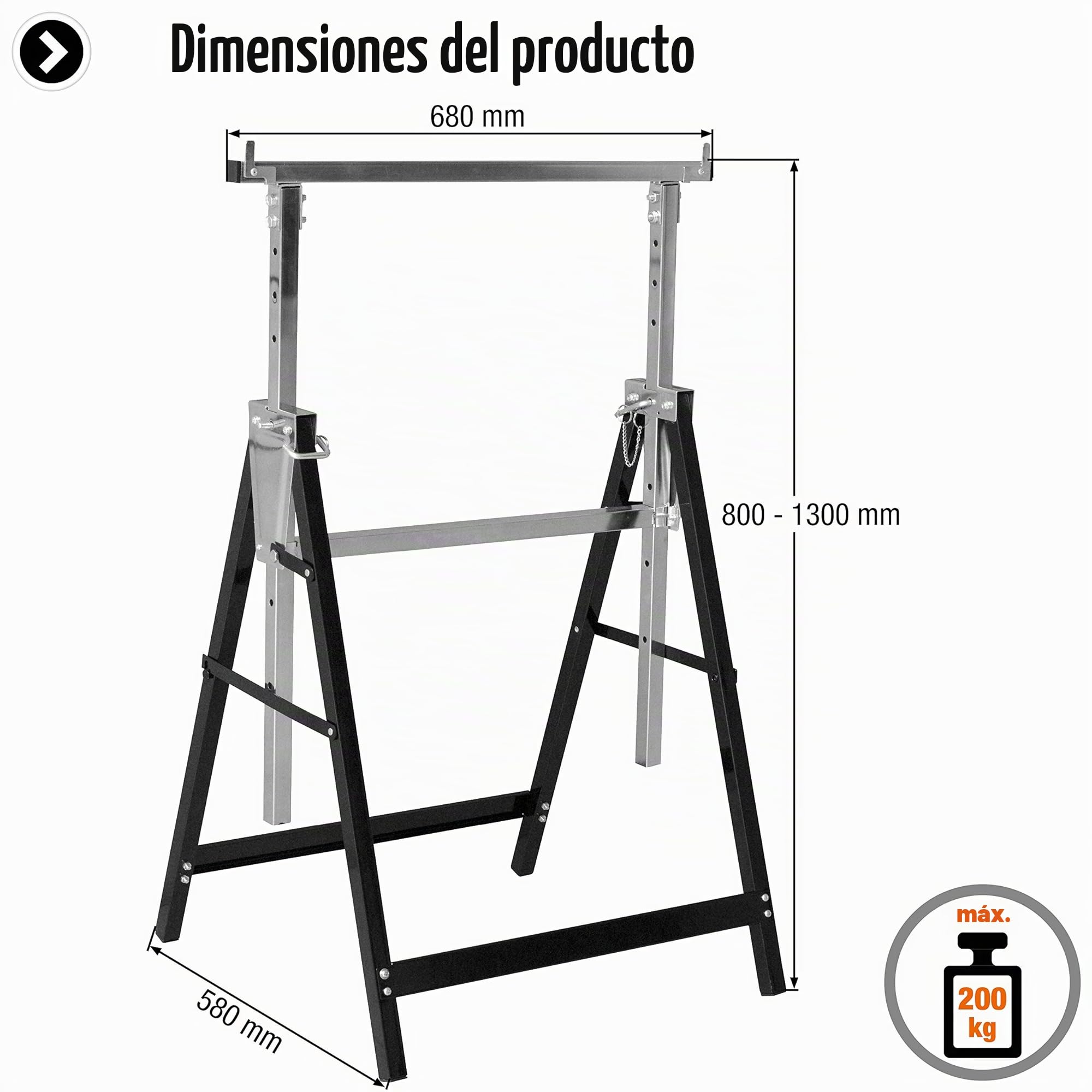 Meister Soporte de Metal 200 kg - Plegable - Altura de trabajo variable de 800 a 1300 mm - Ajuste de altura de 7 niveles - Con ganchos de seguridad/Soporte telescópico / 5258110