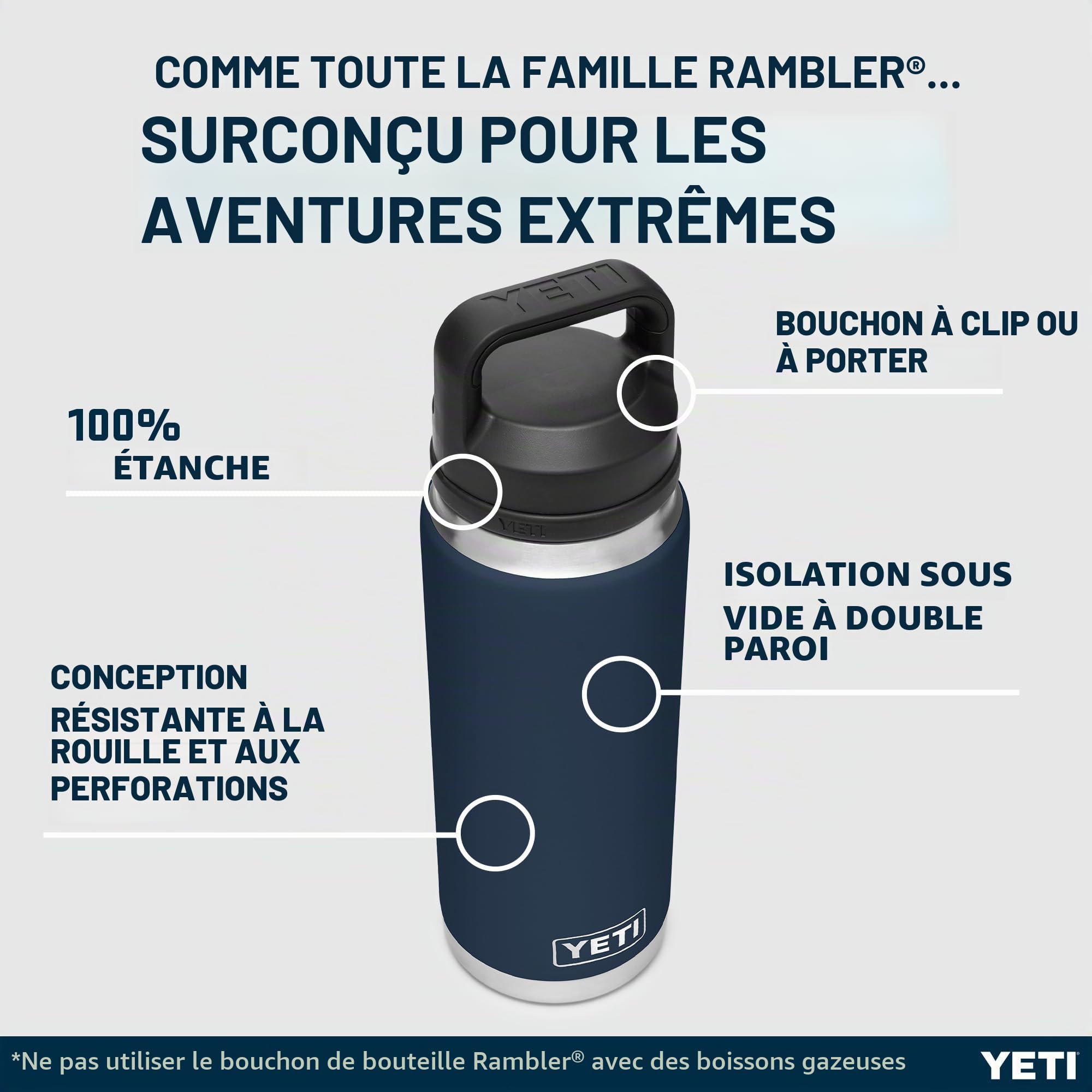 YETI Rambler Bottle Chug, Vacuum Insulated Stainless Steel Bottle with Chug Cap, Navy, 26 oz (760 ml)